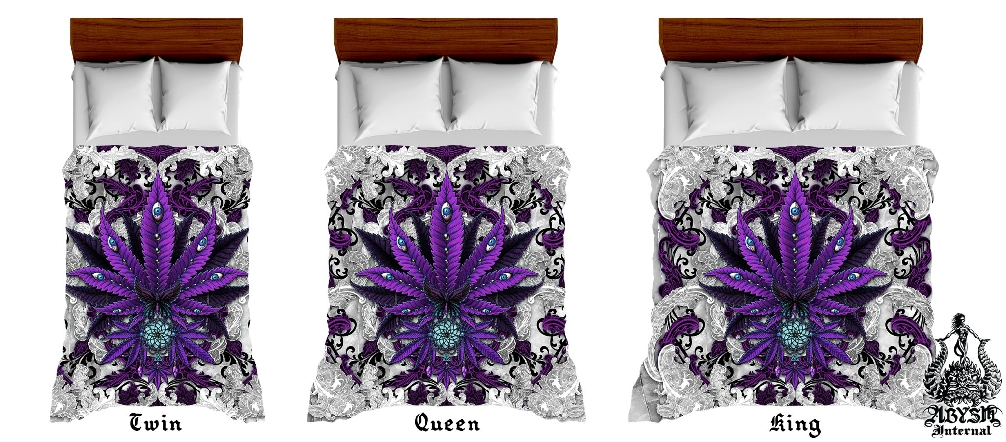 Weed Bedding Set, Comforter and Duvet, Cannabis Bed Cover, Marijuana Bedroom Decor, King, Queen and Twin Size, 420 Room Art - Purple White Goth - Abysm Internal