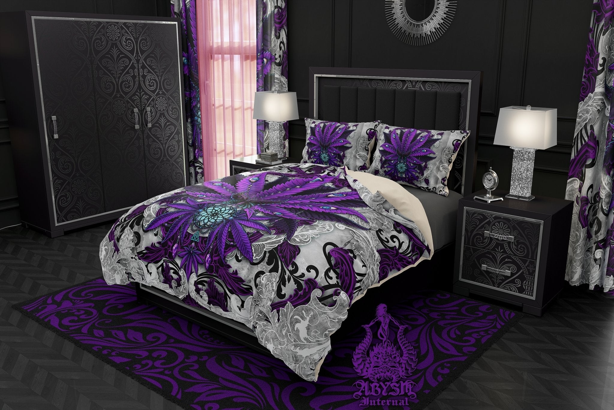 Weed Bedding Set, Comforter and Duvet, Cannabis Bed Cover, Marijuana Bedroom Decor, King, Queen and Twin Size, 420 Room Art - Purple White Goth - Abysm Internal