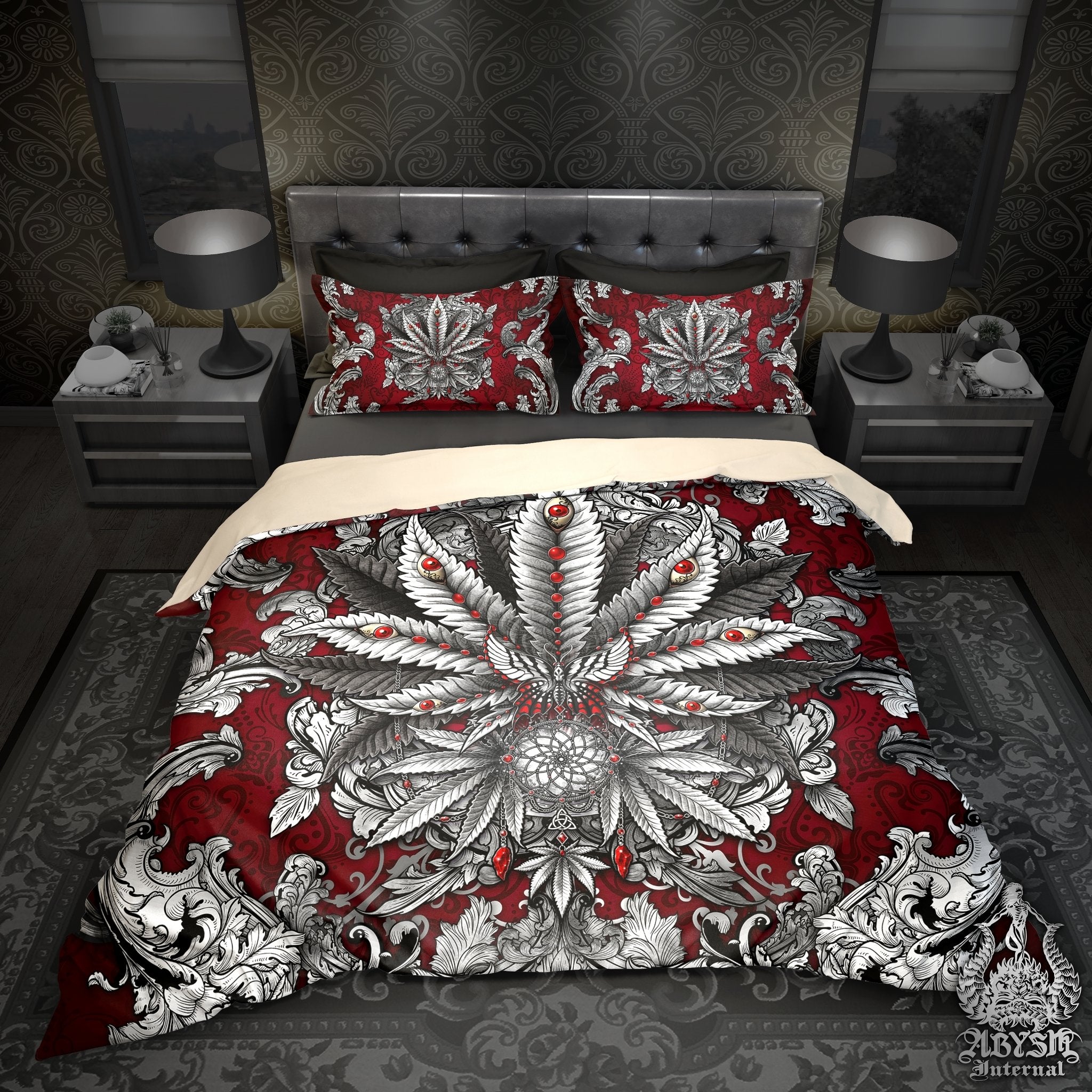 Weed Bedding Set, Comforter and Duvet, Cannabis Bed Cover, Marijuana Bedroom Decor, King, Queen and Twin Size, 420 Room Art - Silver - Abysm Internal