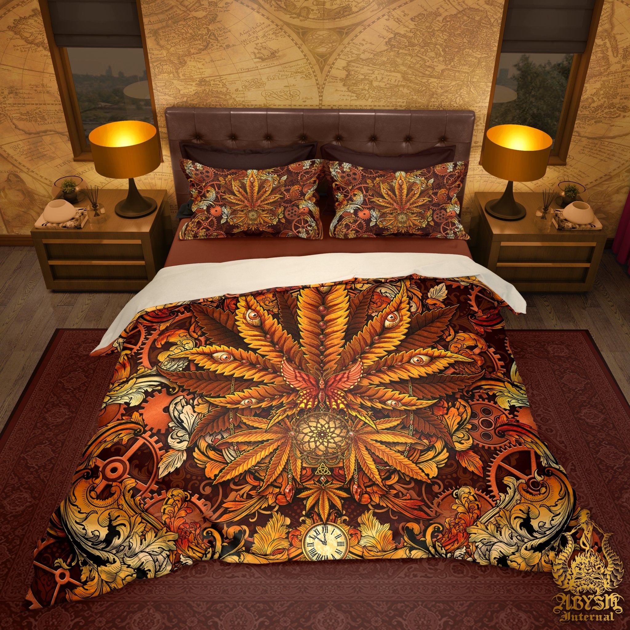 Weed Bedding Set, Comforter and Duvet, Cannabis Bed Cover, Marijuana Bedroom Decor, King, Queen and Twin Size, 420 Room Art - Steampunk - Abysm Internal