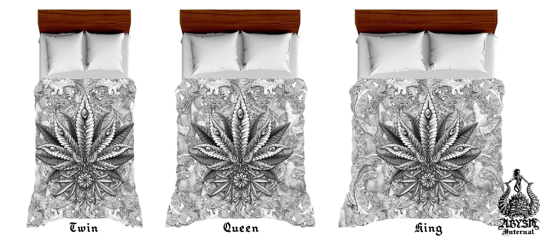 Weed Bedding Set, Comforter and Duvet, Cannabis Bed Cover, Marijuana Bedroom Decor, King, Queen and Twin Size, 420 Room Art - White Goth, Black and White, Stone - Abysm Internal