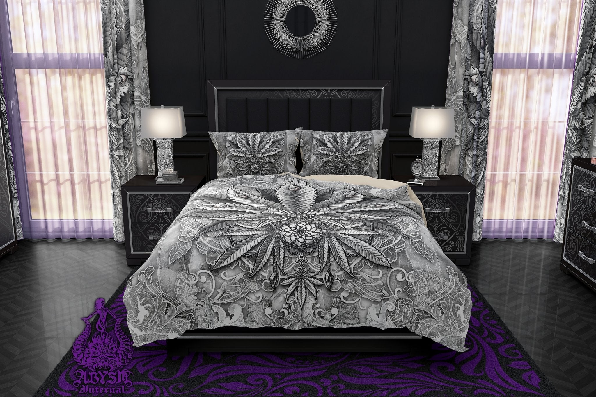 Weed Bedding Set, Comforter and Duvet, Cannabis Bed Cover, Marijuana Bedroom Decor, King, Queen and Twin Size, 420 Room Art - White Goth, Black and White, Stone - Abysm Internal