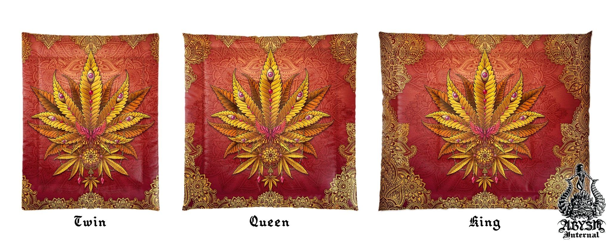 Weed Bedding Set, Comforter and Duvet, Cannabis Bed Cover, Marijuana Hippie Bedroom Decor, King, Queen and Twin Size, Indie 420 Room Art - Boho, Mandalas - Abysm Internal