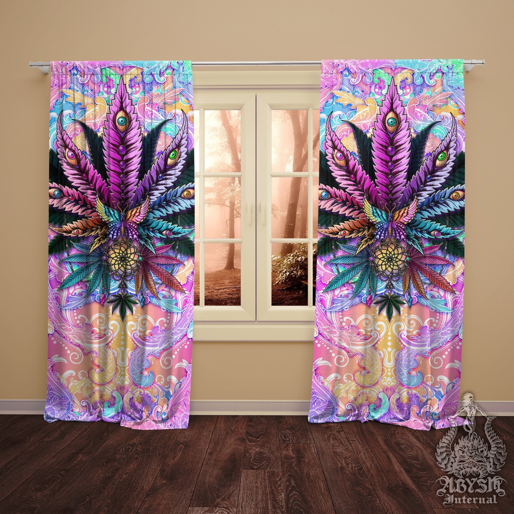 Weed Blackout Curtains, Cannabis Home and Shop Decor, Long Window Panels, Aesthetic Print, Girly 420 Room Art - Pastel Black - Abysm Internal