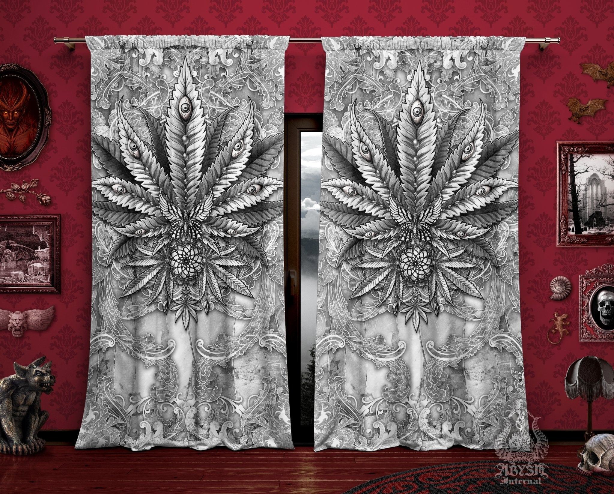 Weed Blackout Curtains, Cannabis Home and Shop Decor, Long Window Panels, Indie 420 Room Art Print - Black and White Goth, Stone - Abysm Internal