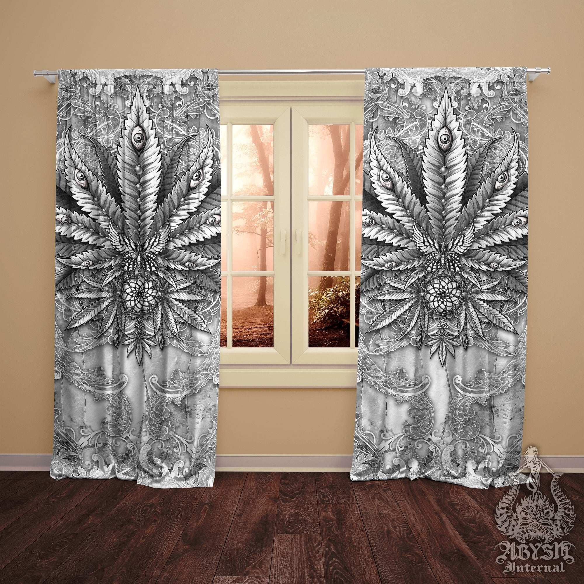 Weed Blackout Curtains, Cannabis Home and Shop Decor, Long Window Panels, Indie 420 Room Art Print - Black and White Goth, Stone - Abysm Internal