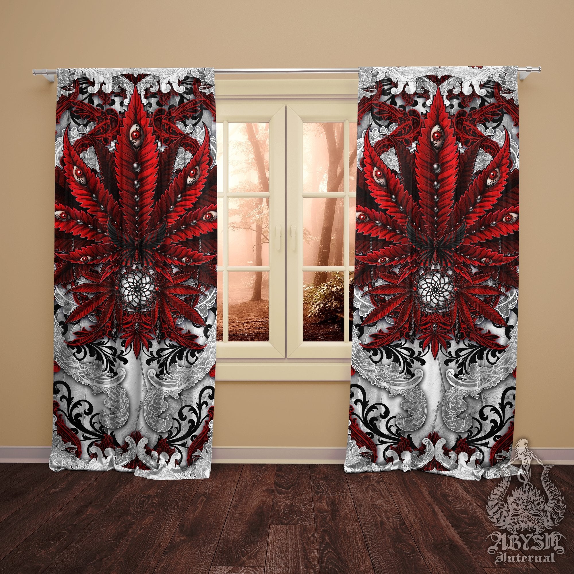 Weed Blackout Curtains, Cannabis Home and Shop Decor, Long Window Panels, Indie 420 Room Art Print - Bloody White Goth - Abysm Internal