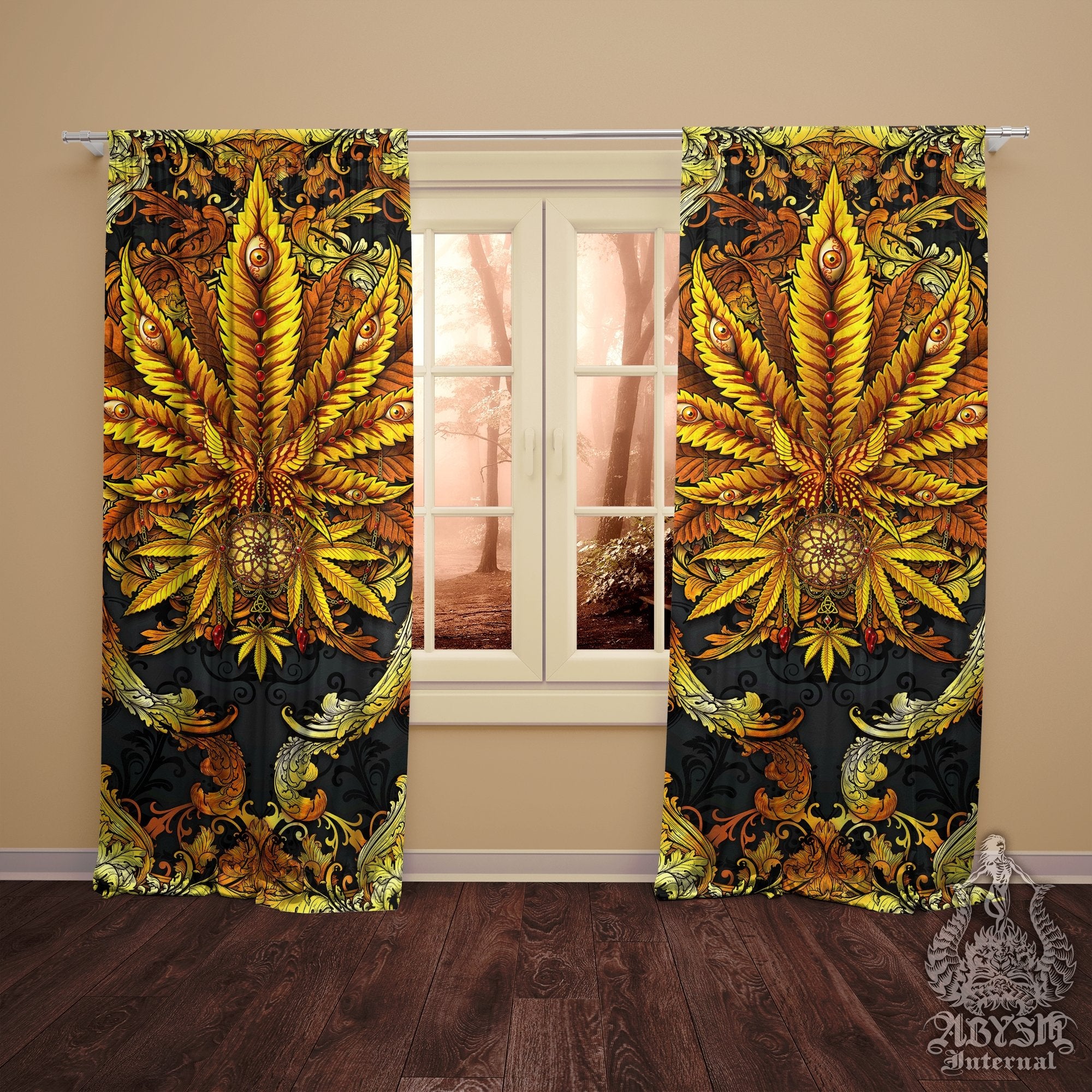 Weed Blackout Curtains, Cannabis Home and Shop Decor, Long Window Panels, Indie 420 Room Art Print - Gold - Abysm Internal