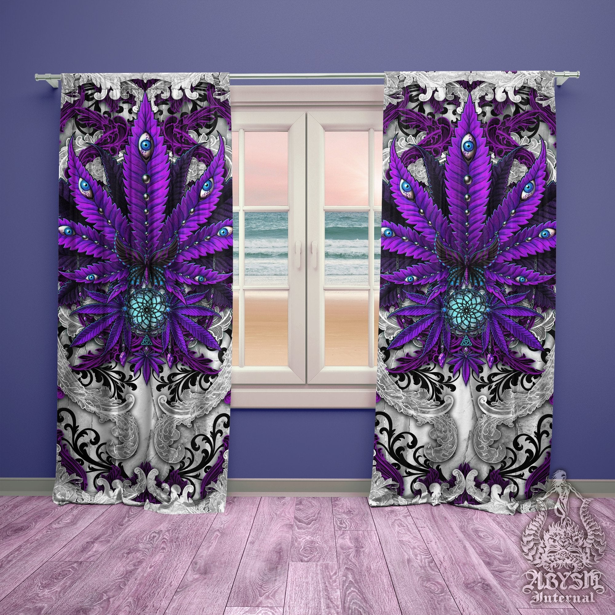 Weed Blackout Curtains, Cannabis Home and Shop Decor, Long Window Panels, Indie 420 Room Art Print - Purple White Goth - Abysm Internal