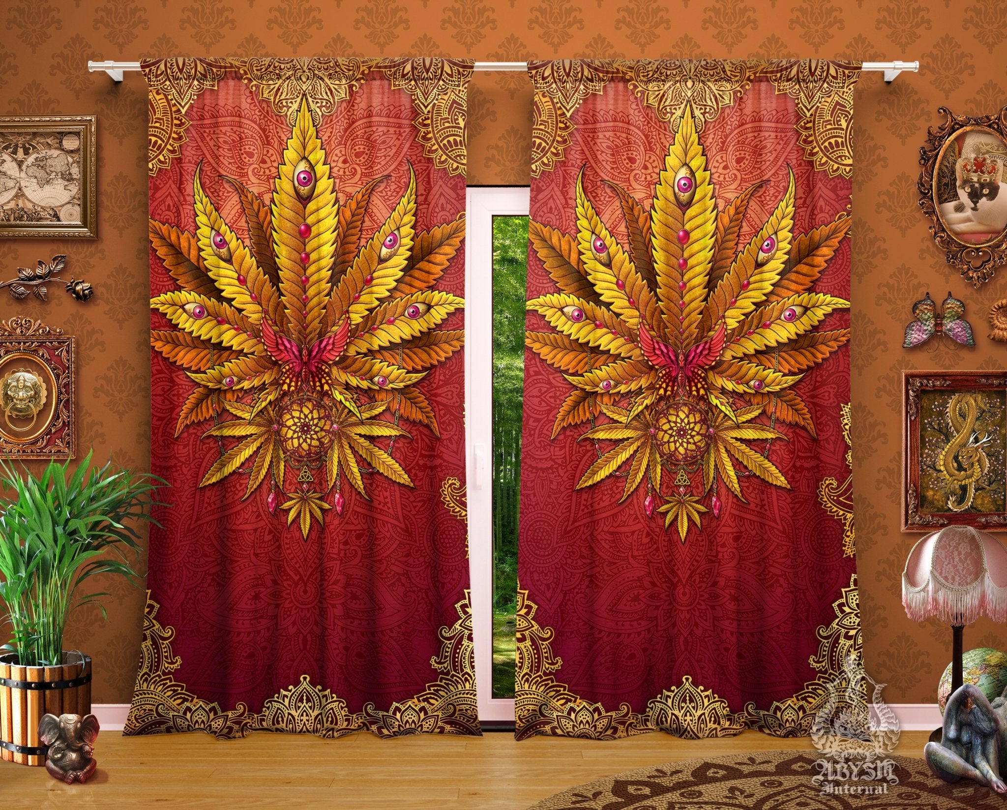 Weed Blackout Curtains, Cannabis Home and Shop Decor, Long Window Panels, Indie Hippie Print, 420 Room Art - Boho and Mandalas - Abysm Internal