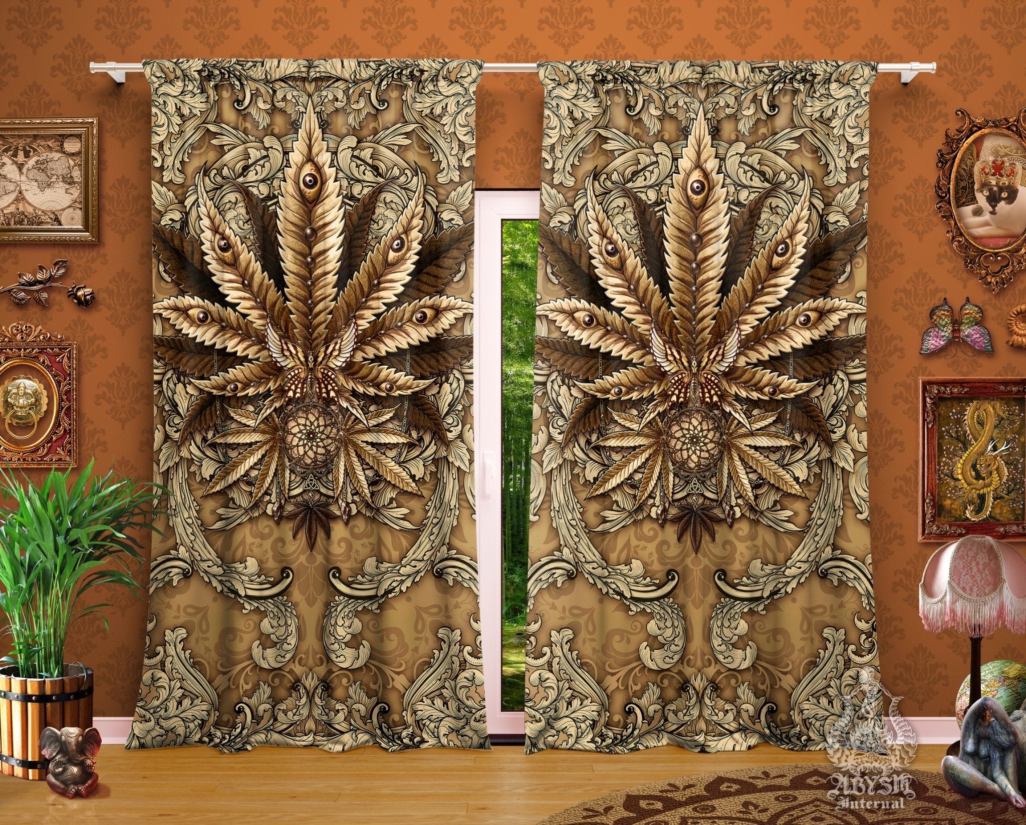 Weed Blackout Curtains, Cannabis Home and Shop Decor, Long Window Panels, Indie Hippie Print, 420 Room Art - Cream - Abysm Internal