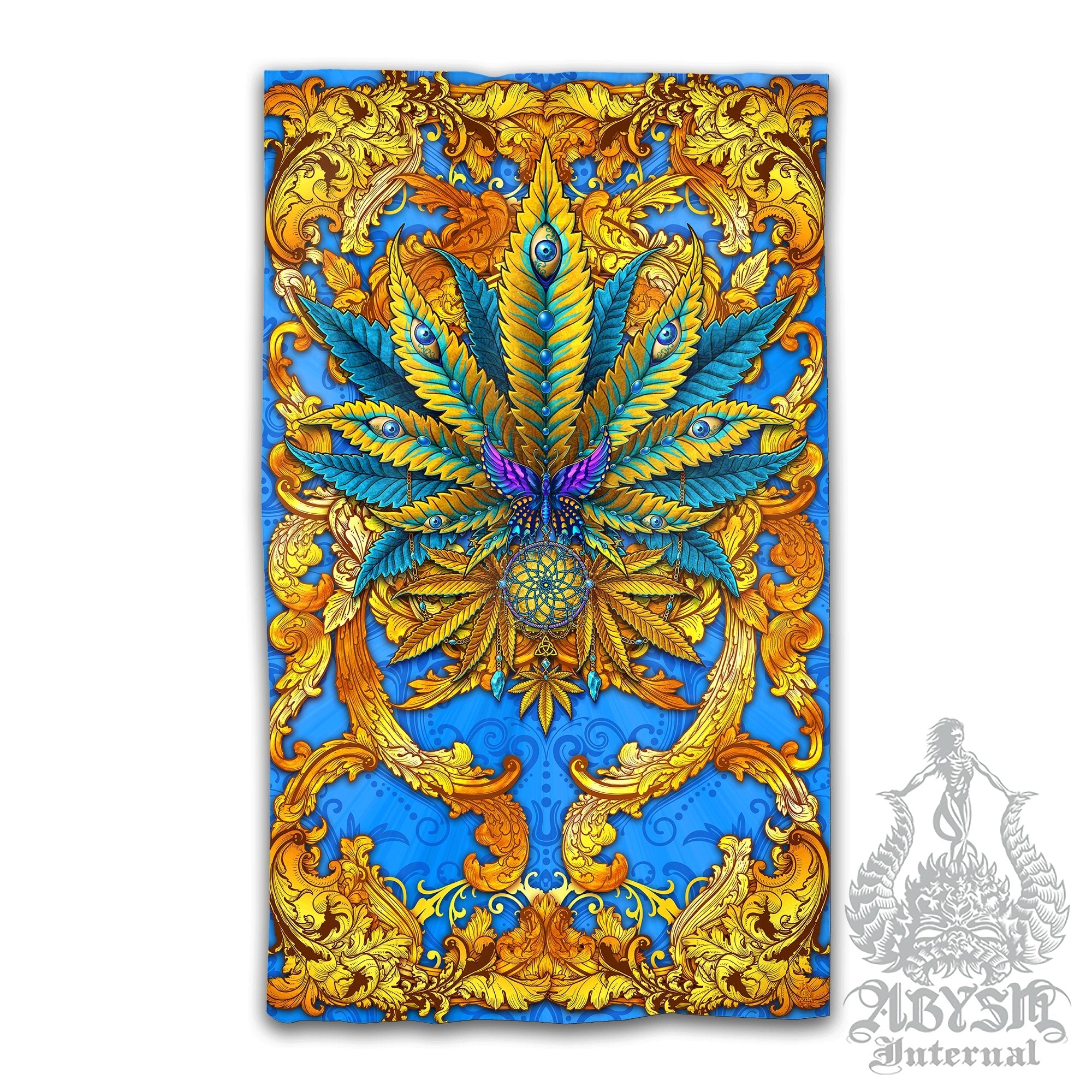 Weed Blackout Curtains, Cannabis Home and Shop Decor, Long Window Panels, Indie Hippie Print, 420 Room Art - Cyan and Gold - Abysm Internal