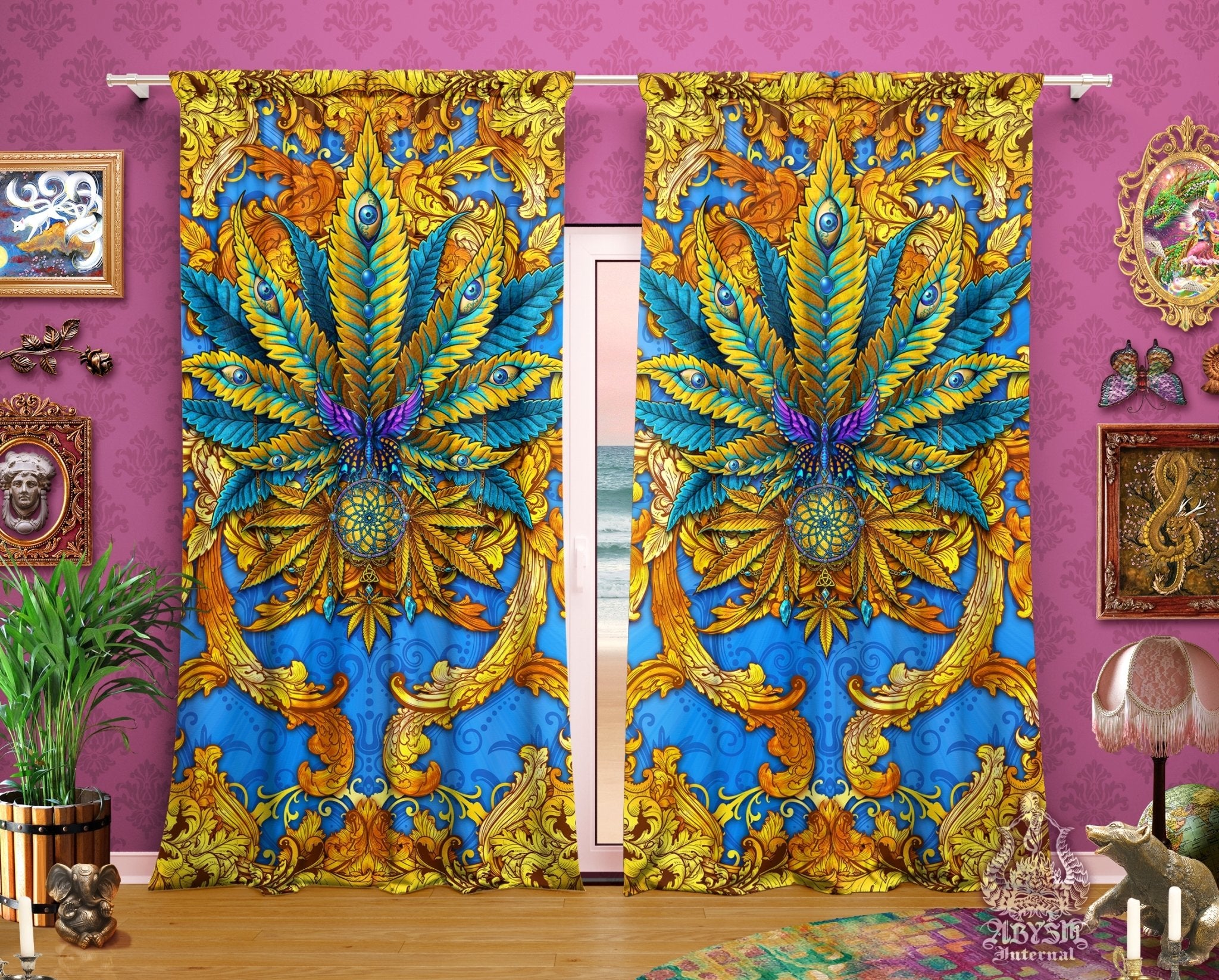 Weed Blackout Curtains, Cannabis Home and Shop Decor, Long Window Panels, Indie Hippie Print, 420 Room Art - Cyan and Gold - Abysm Internal