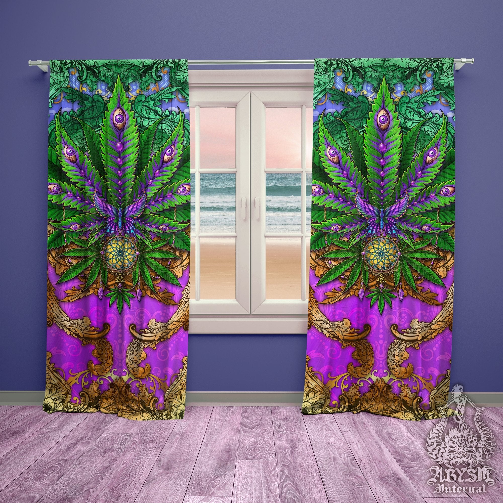 Weed Blackout Curtains, Cannabis Home and Shop Decor, Long Window Panels, Indie Hippie Print, 420 Room Art - Nature - Abysm Internal