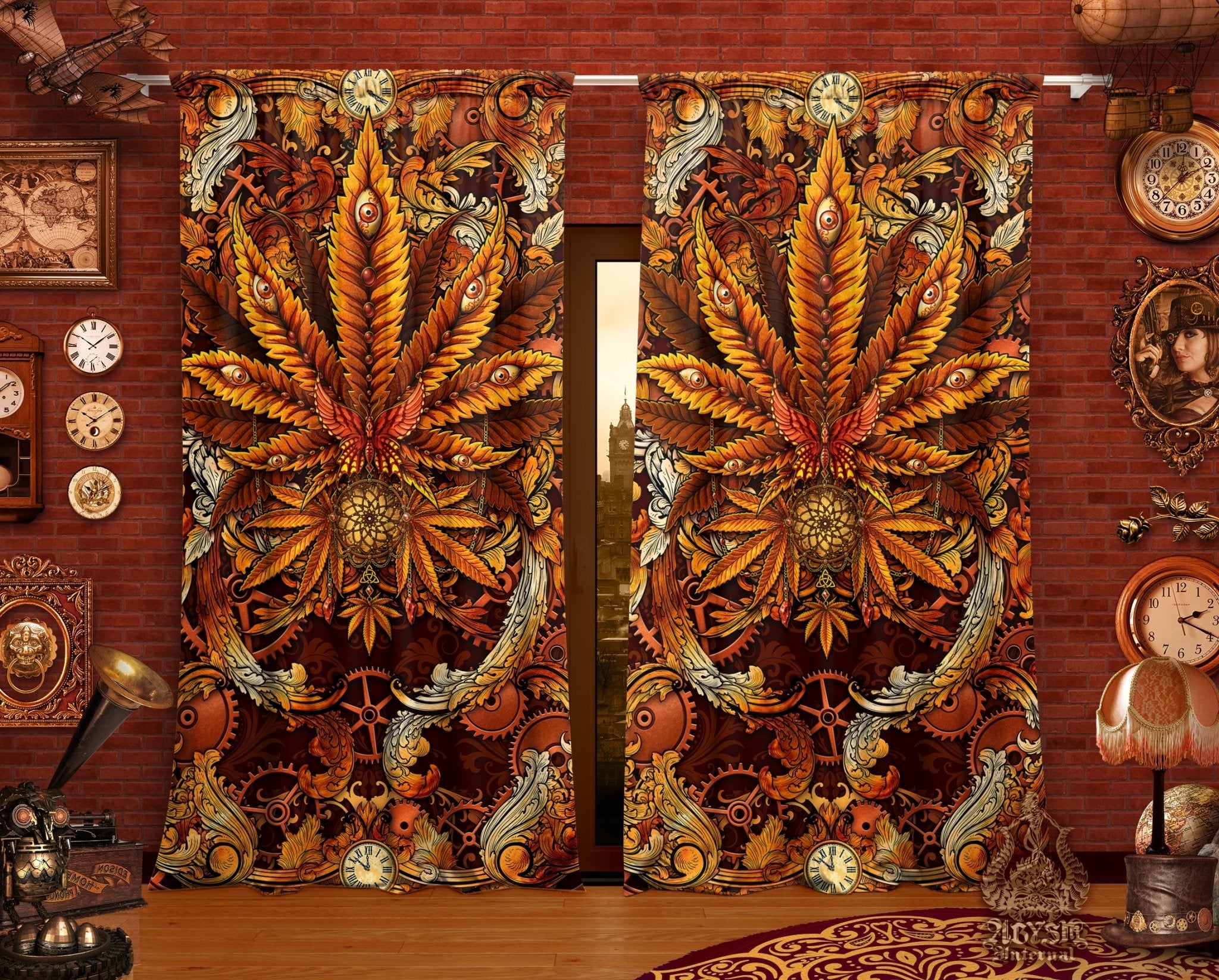 Weed Blackout Curtains, Cannabis Home and Shop Decor, Long Window Panels, Indie Print, 420 Room Art - Steampunk - Abysm Internal
