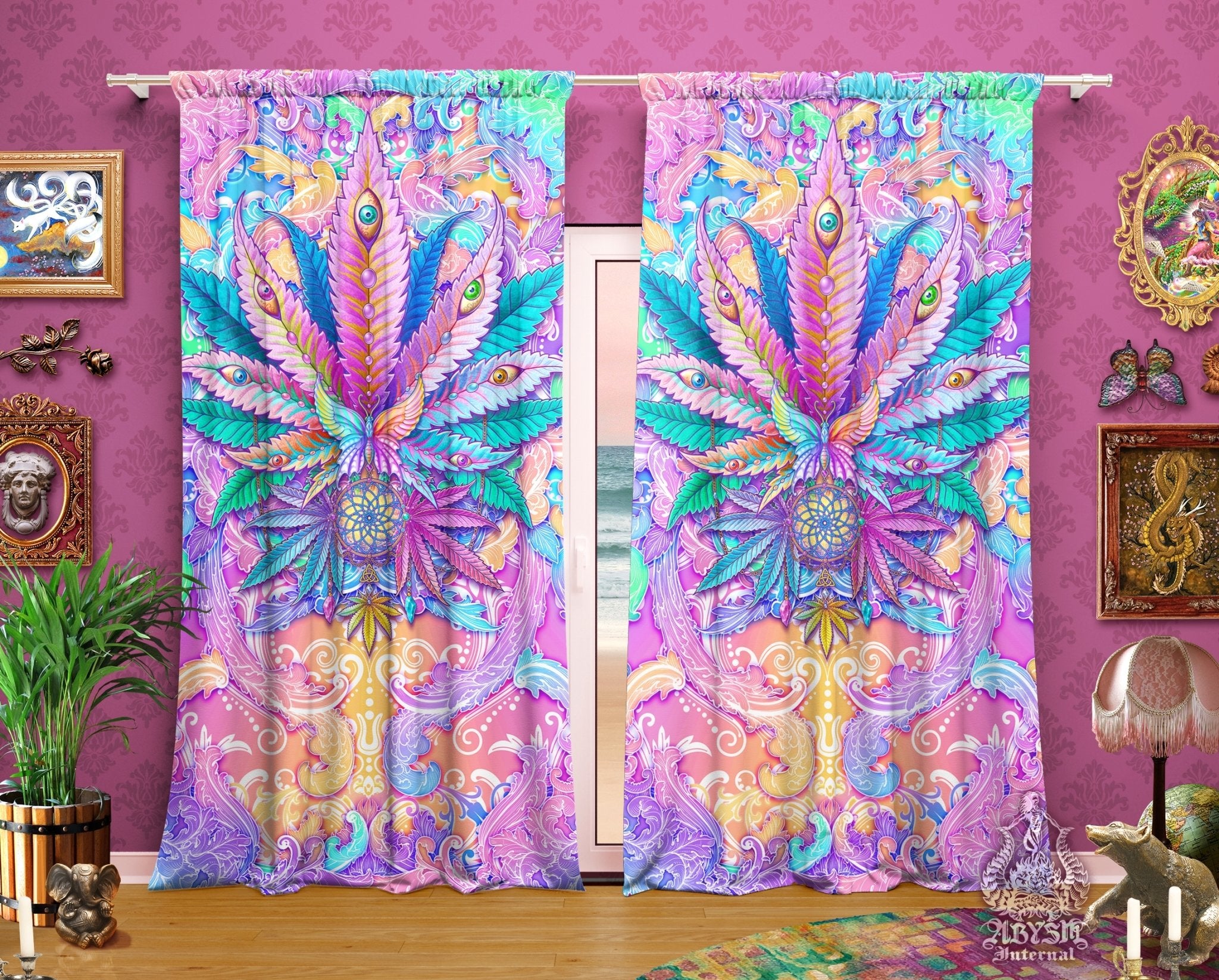 Weed Blackout Curtains, Cannabis Home and Shop Decor, Long Window Panels, Pastel and Aesthetic Print, Girly 420 Room Art - Abysm Internal