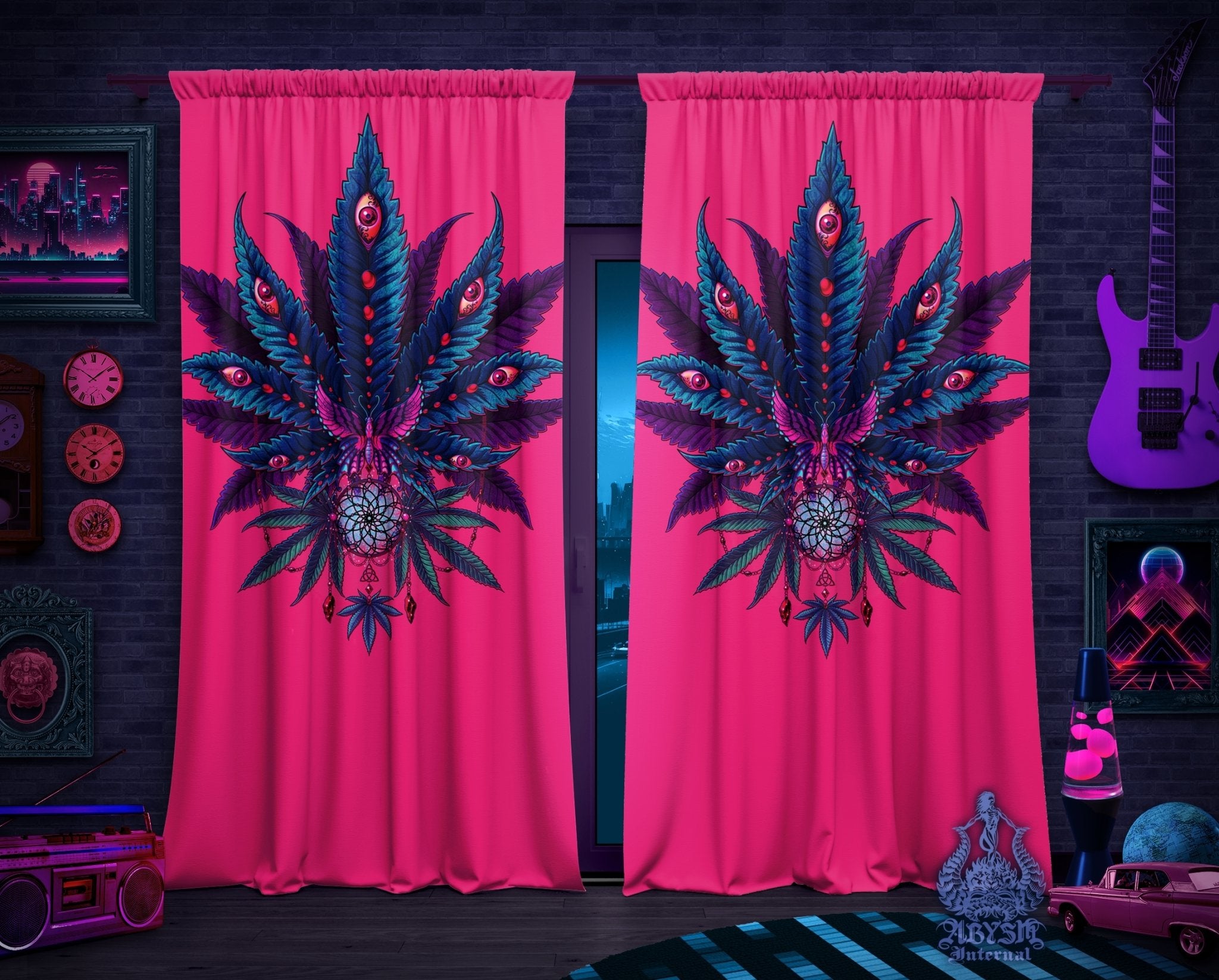 Weed Blackout Curtains, Cannabis Home and Shop Decor, Long Window Panels, Psychedelic Print, 420 Room 80s Art - Neon I - Abysm Internal
