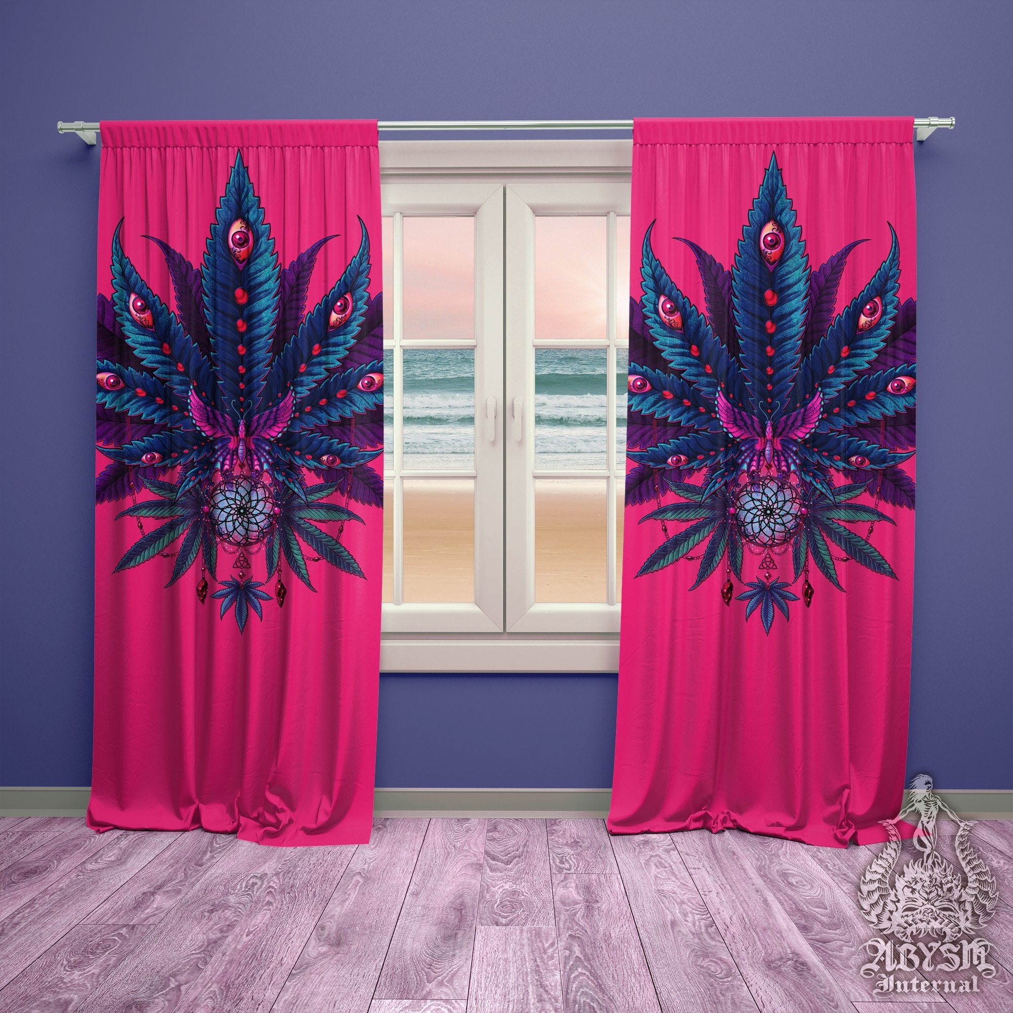 Weed Blackout Curtains, Cannabis Home and Shop Decor, Long Window Panels, Psychedelic Print, 420 Room 80s Art - Neon I - Abysm Internal