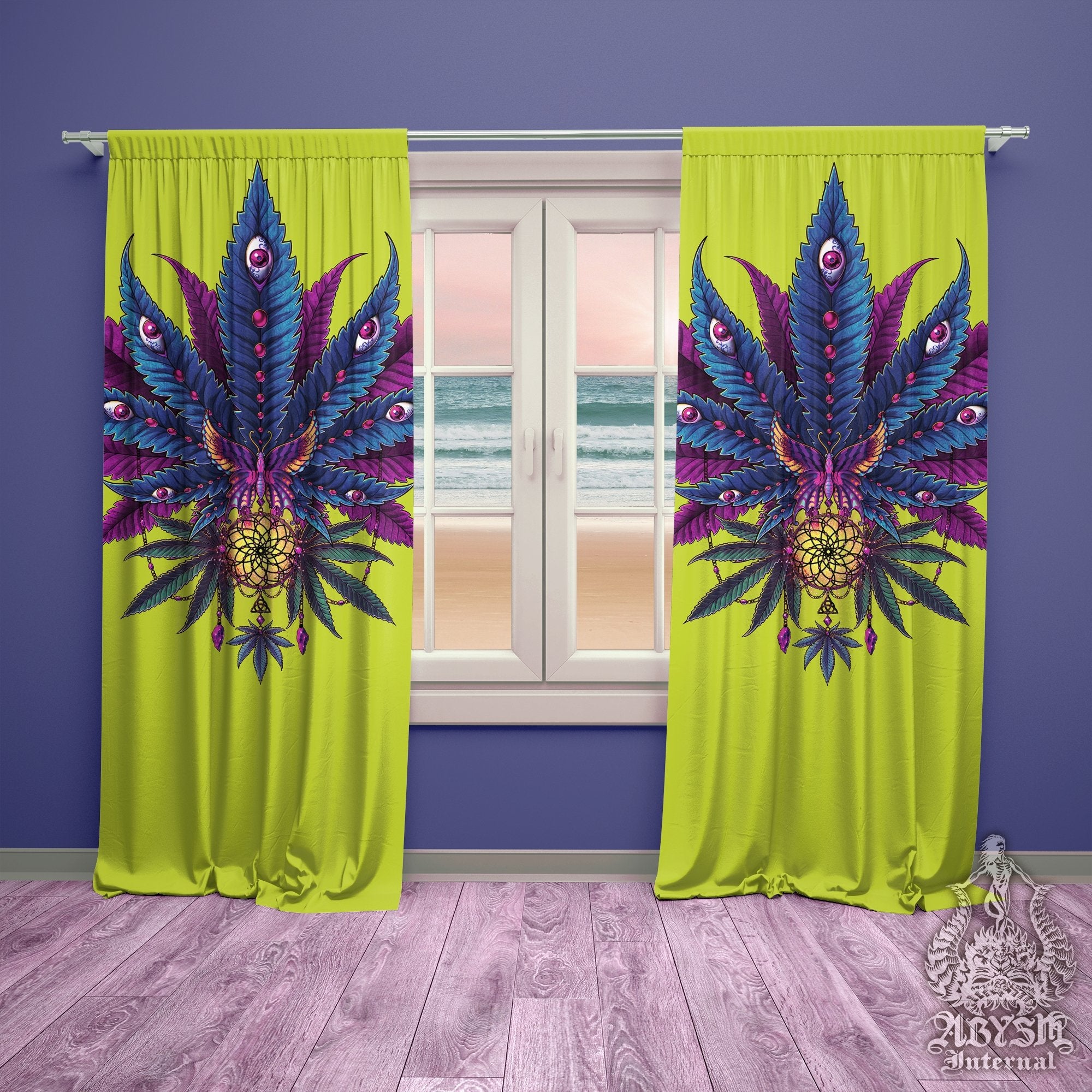 Weed Blackout Curtains, Cannabis Home and Shop Decor, Long Window Panels, Psychedelic Print, 420 Room 80s Art - Neon II - Abysm Internal