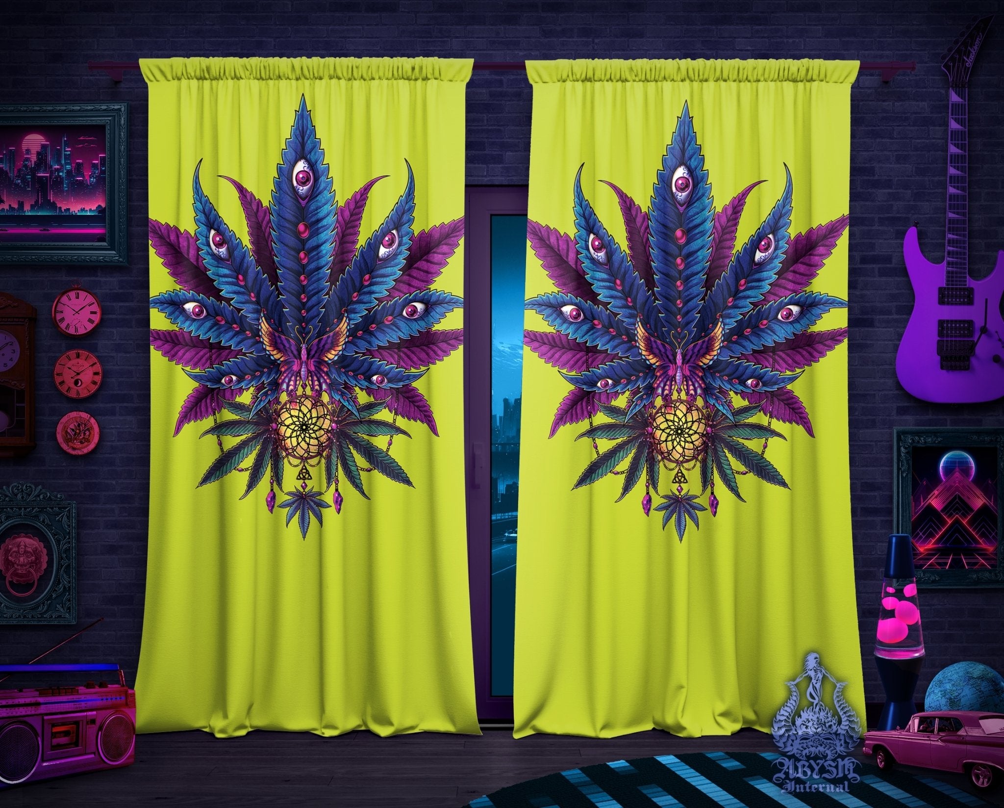 Weed Blackout Curtains, Cannabis Home and Shop Decor, Long Window Panels, Psychedelic Print, 420 Room 80s Art - Neon II - Abysm Internal