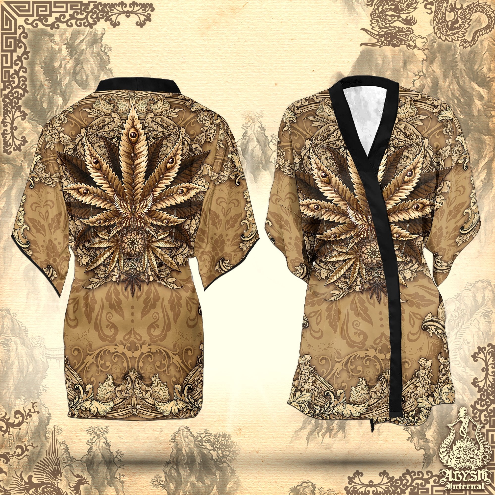 Weed Cover Up, Cannabis Outfit, Hippie Party Kimono, Indie Summer Festival Robe, 420 Gift, Alternative Clothing, Unisex - Marijuana, Cream - Abysm Internal