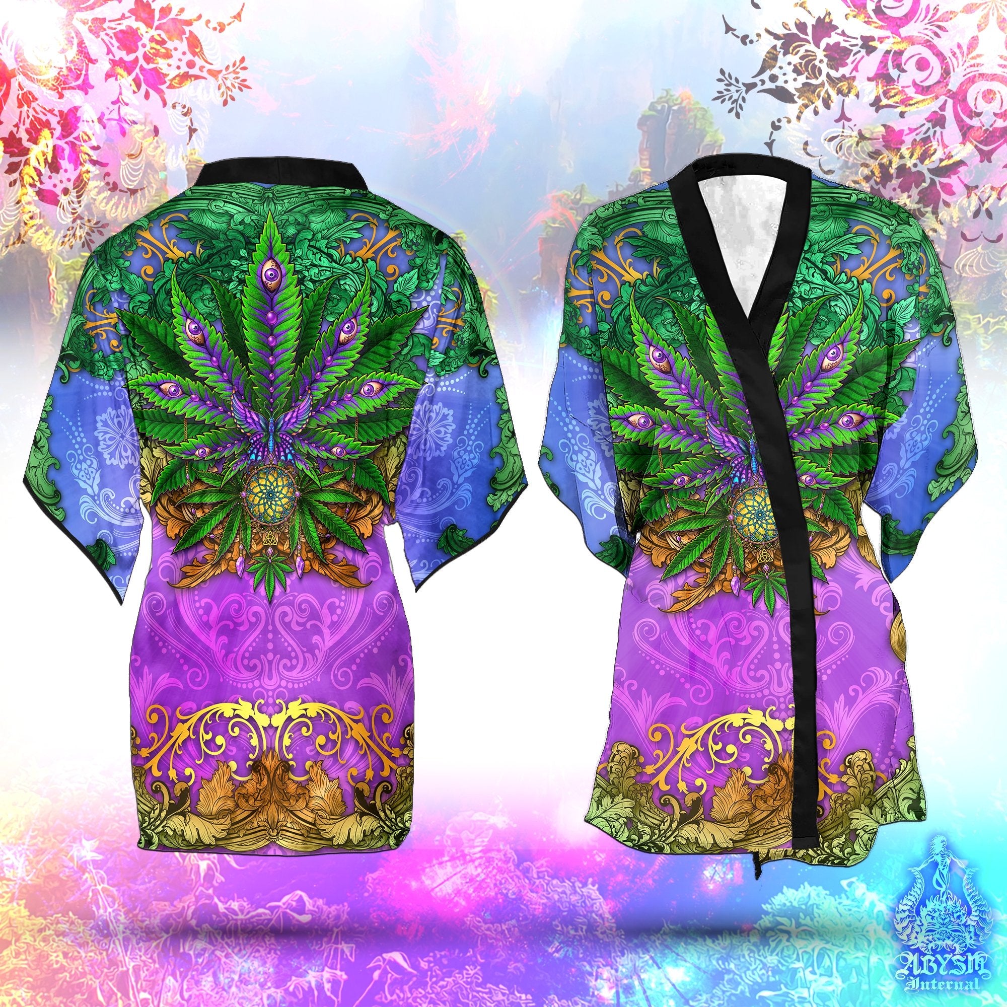 Weed Cover Up, Cannabis Outfit, Indie Party Kimono, Hippie Summer Festival Robe, 420 Gift, Alternative Clothing, Unisex - Marijuana, Nature - Abysm Internal