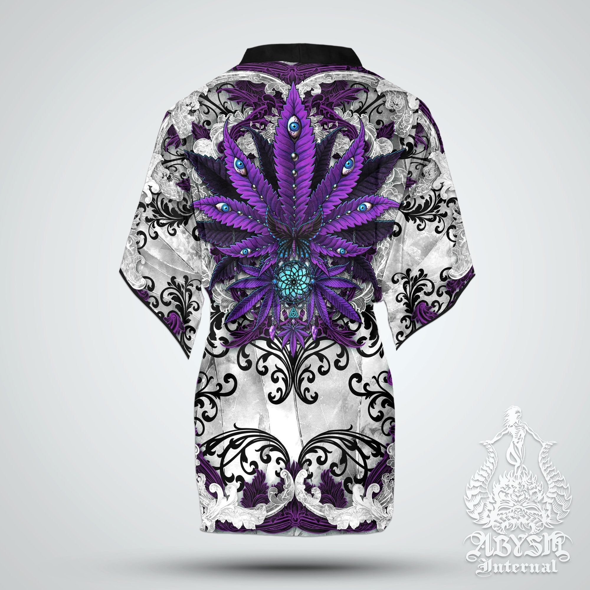 Weed Cover Up, Cannabis Outfit, Party Kimono, White Goth Summer Festival Robe, 420 Gift, Alternative Clothing, Unisex - Purple Marijuana - Abysm Internal