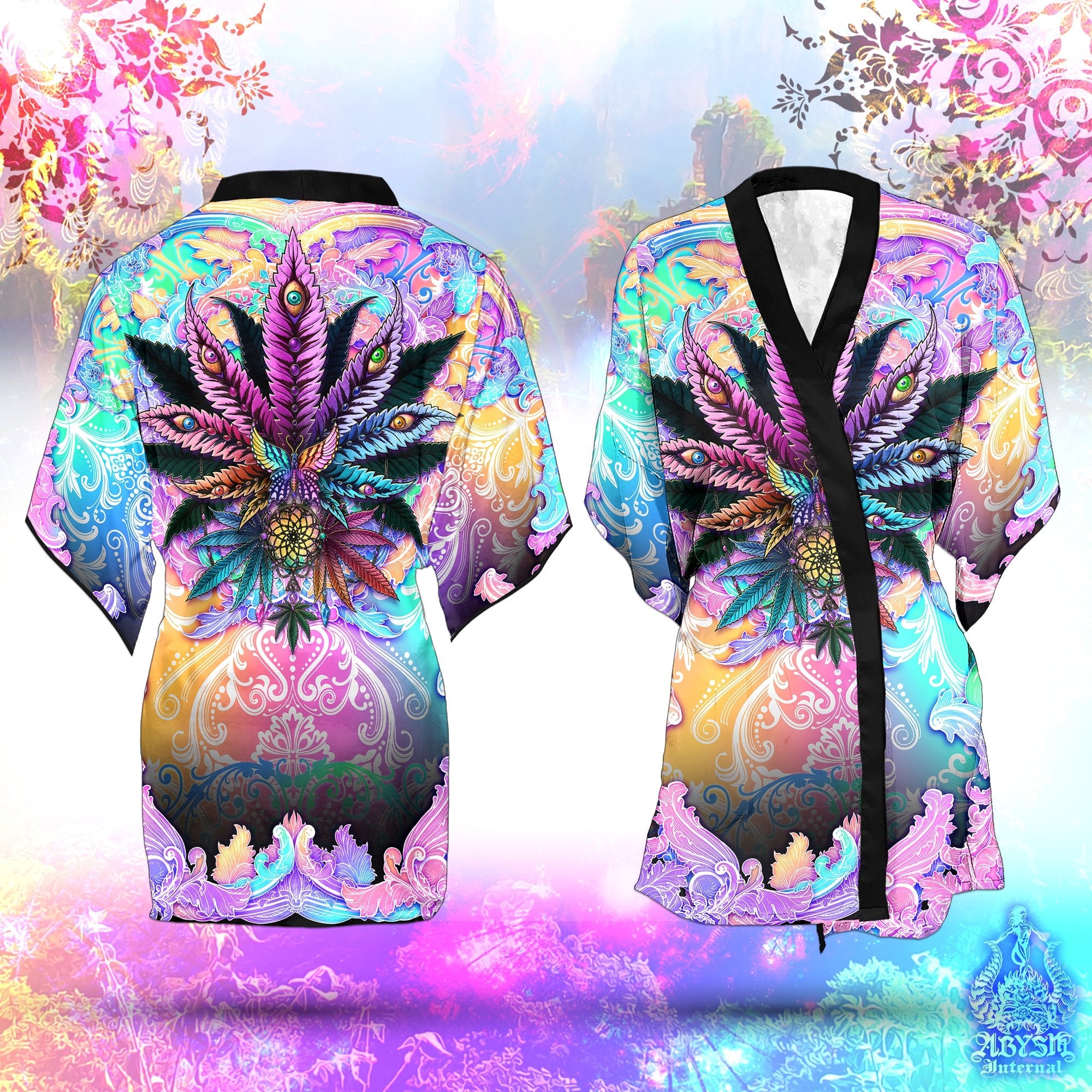 Weed Cover Up, Cannabis Outfit, Psy Party Kimono, Aesthetic Summer Festival Robe, 420 Gift, Indie Clothing, Unisex - Marijuana, Pastel Black - Abysm Internal