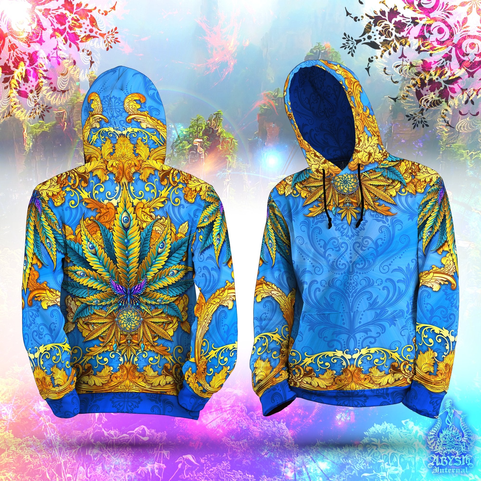 Weed Hoodie, Cannabis Festival Sweater, Hippie Outfit, Trippy Streetwear, Indie and Alternative Clothing, Unisex, 420 Gift - Marijuana, Cyan and Gold - Abysm Internal