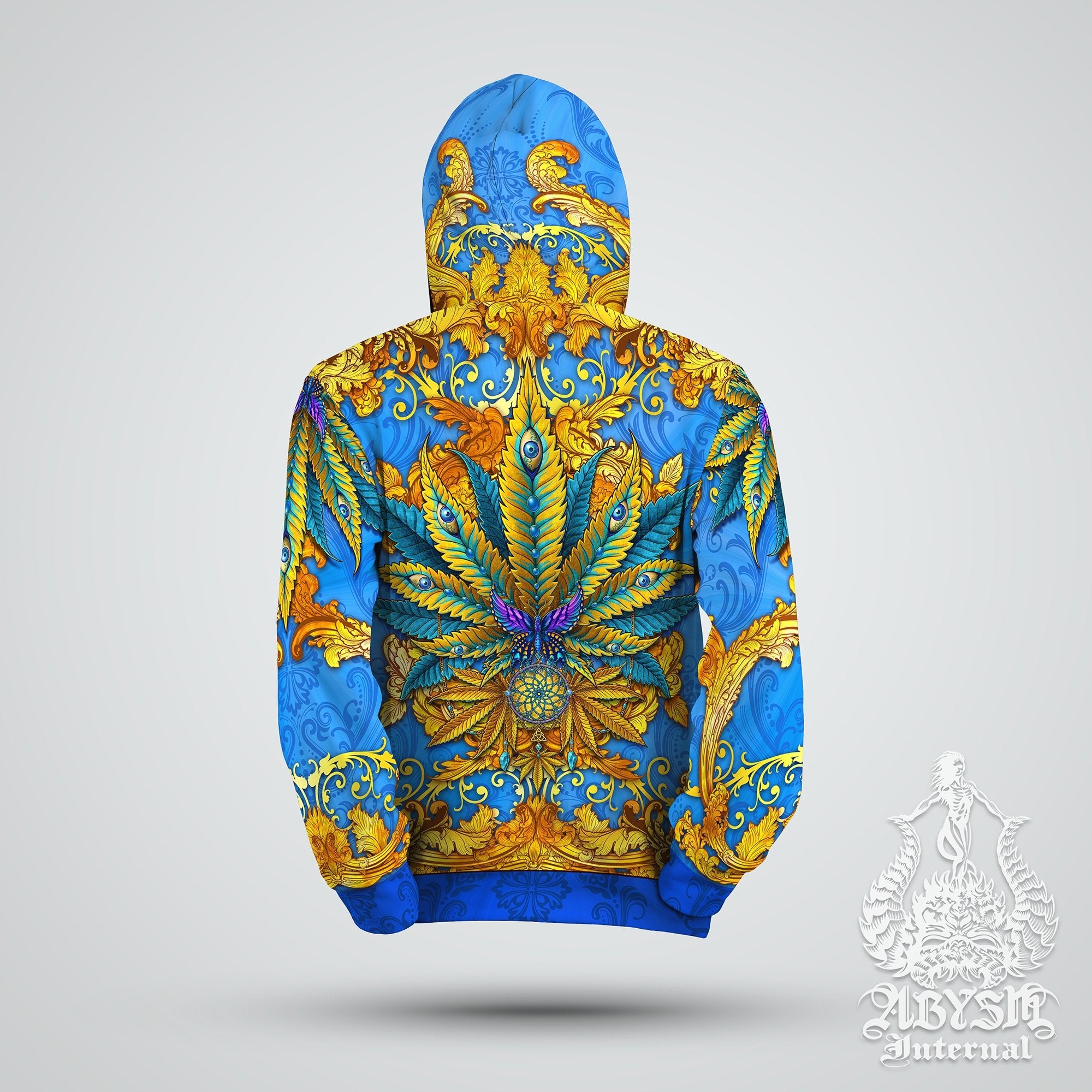 Weed Hoodie, Cannabis Festival Sweater, Hippie Outfit, Trippy Streetwear, Indie and Alternative Clothing, Unisex, 420 Gift - Marijuana, Cyan and Gold - Abysm Internal