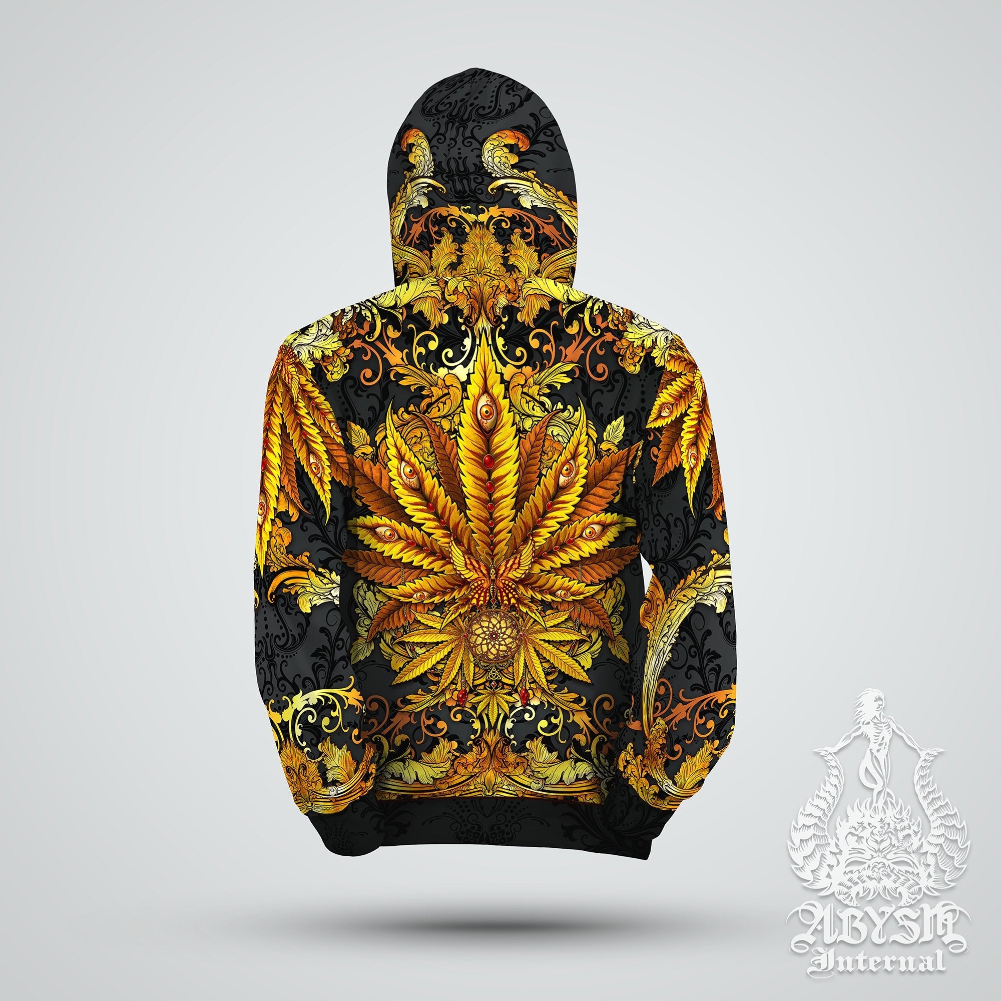 Weed Hoodie, Cannabis Sweater, Hippie Festival Outfit, Trippy Streetwear, Indie and Alternative Clothing, Unisex, 420 Gift - Gold Marijuana - Abysm Internal