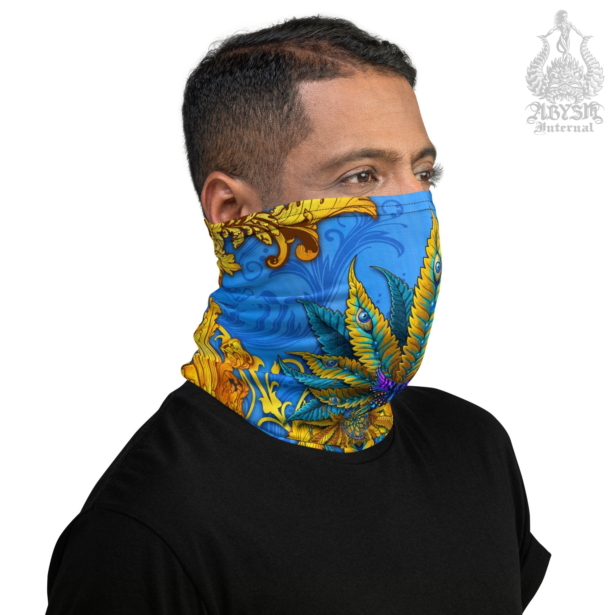 Weed Neck Gaiter, Cannabis Face Mask, Marijuana Head Covering, Hippie Festival Outfit, 420 Gift - Cyan and Gold - Abysm Internal