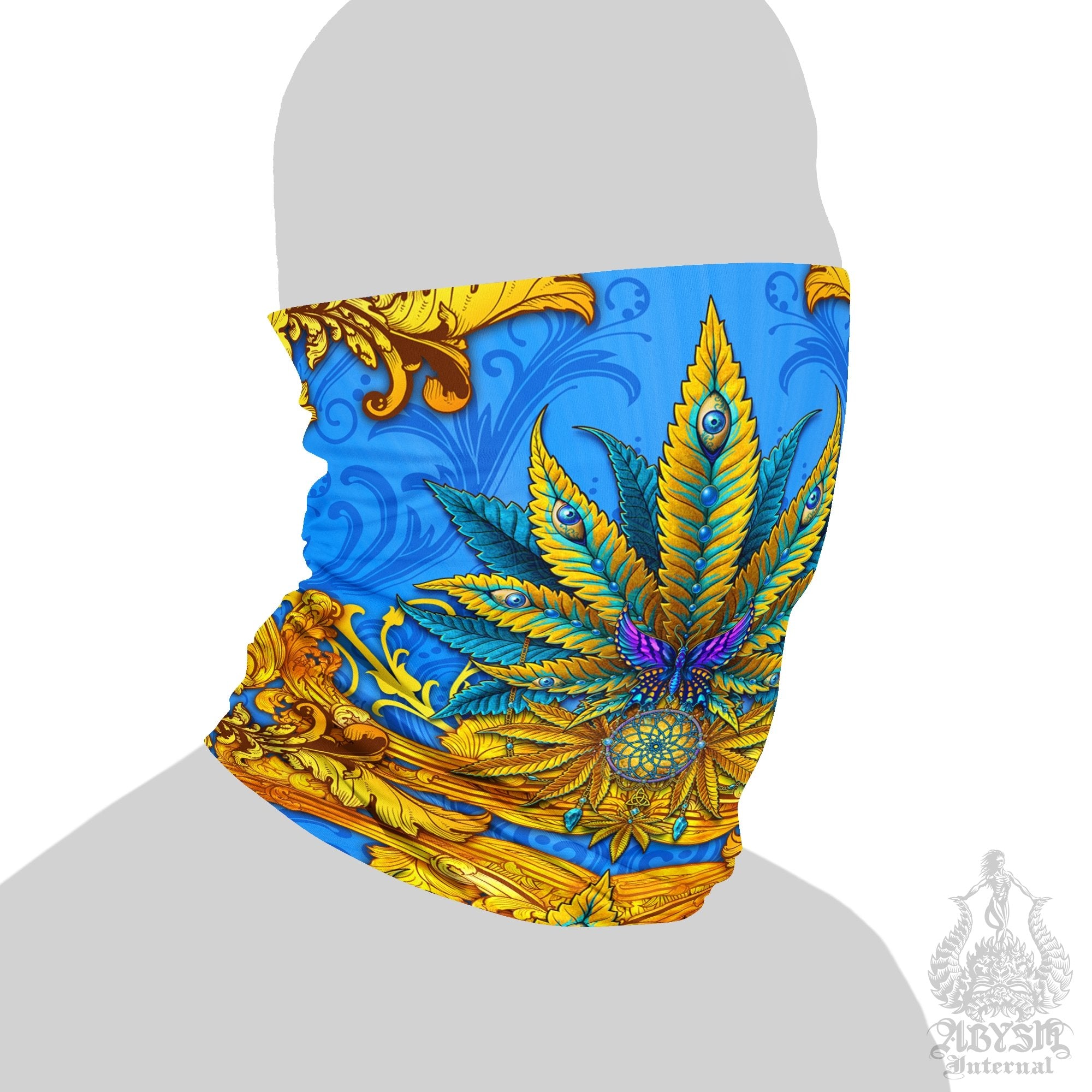 Weed Neck Gaiter, Cannabis Face Mask, Marijuana Head Covering, Hippie Festival Outfit, 420 Gift - Cyan and Gold - Abysm Internal