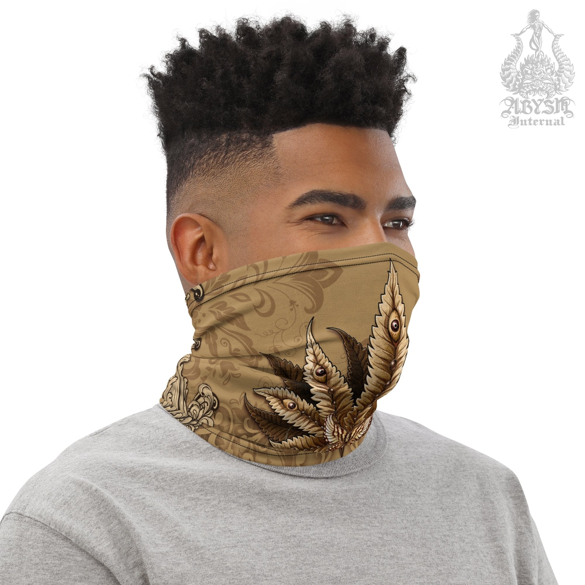 Weed Neck Gaiter, Cannabis Face Mask, Marijuana Head Covering, Indie Festival Outfit, 420 Gift - Cream - Abysm Internal
