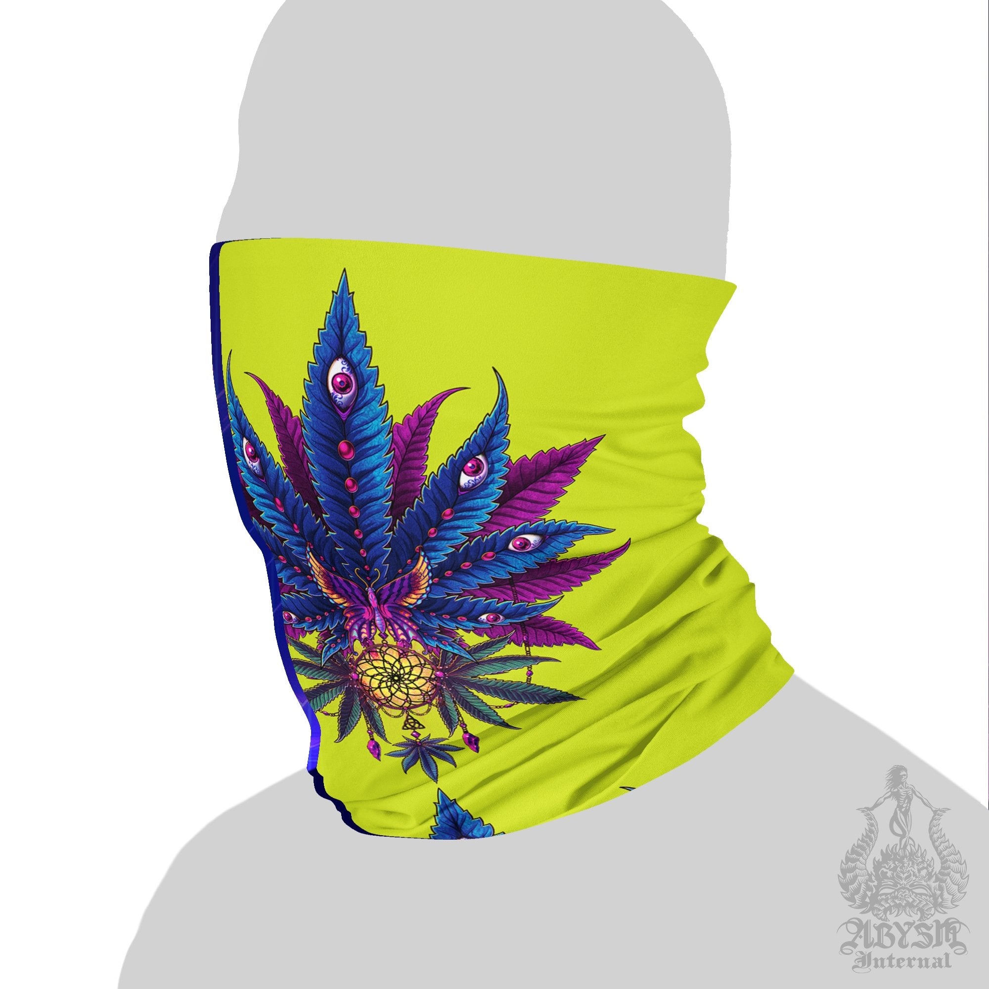 Weed Neck Gaiter, Cannabis Face Mask, Marijuana Head Covering, Neon Retrowave, Festival Outfit, 420 Gift - II Green - Abysm Internal