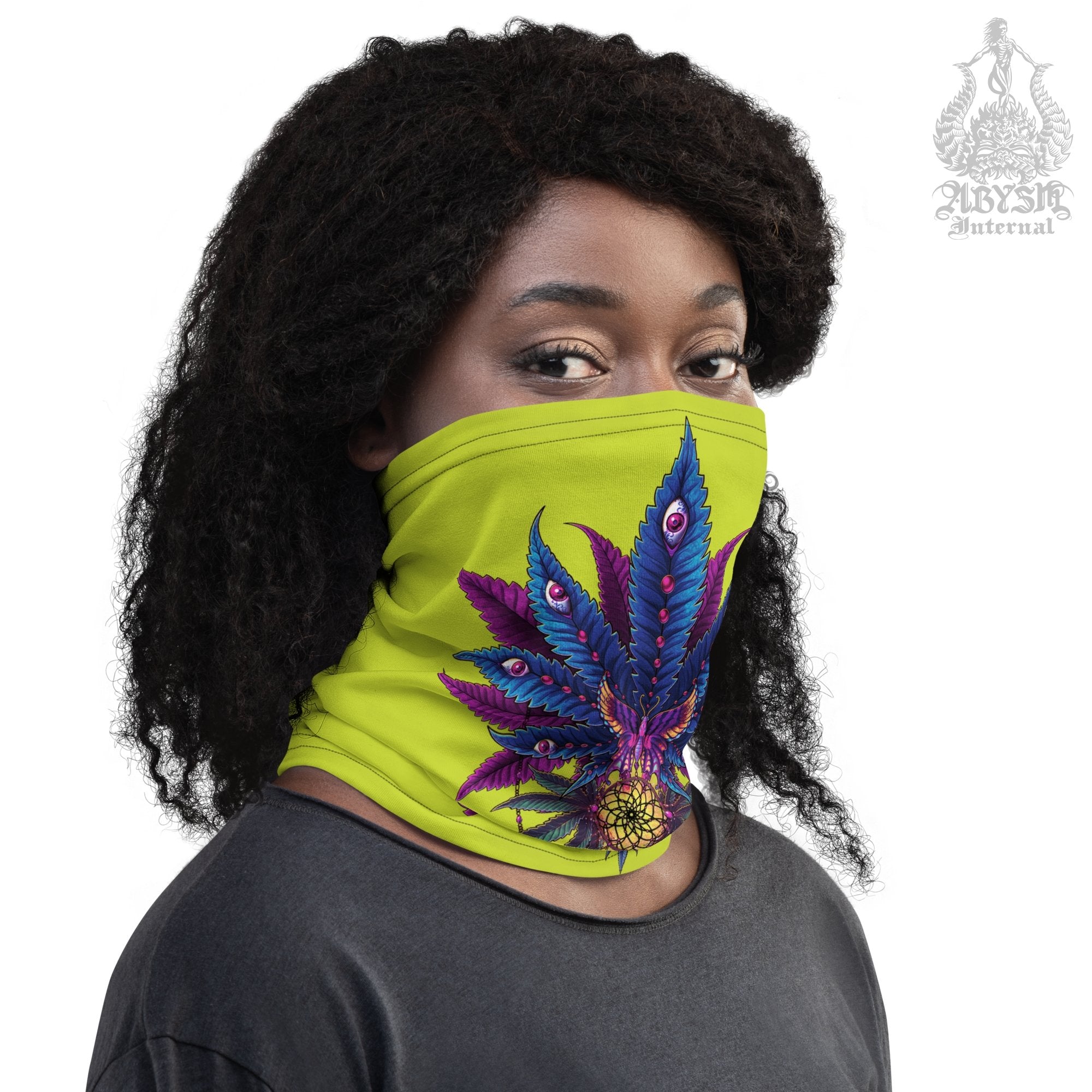 Weed Neck Gaiter, Cannabis Face Mask, Marijuana Head Covering, Neon Retrowave, Festival Outfit, 420 Gift - II Green - Abysm Internal