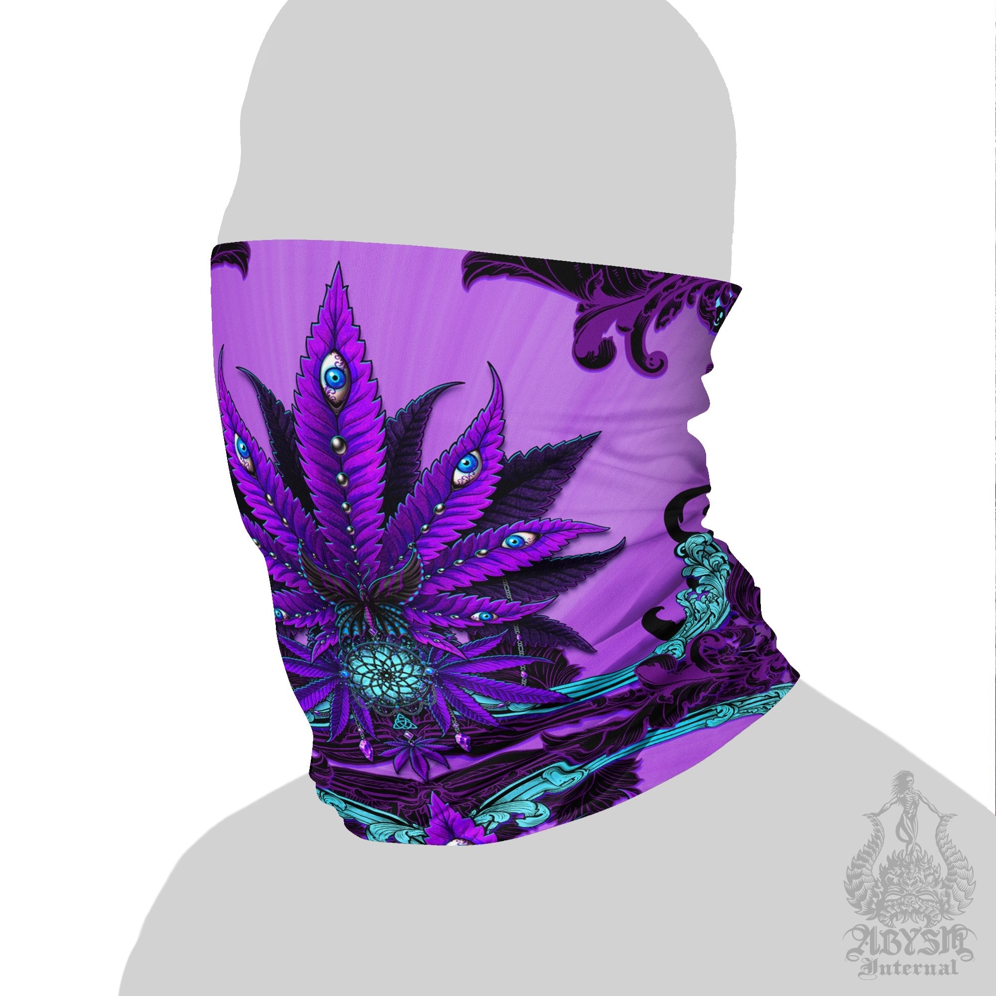 Weed Neck Gaiter, Cannabis Face Mask, Pastel Goth Marijuana Head Covering, Outdoors Festival Outfit, Heavy Metal Concert, 420 Gift - Purple Black - Abysm Internal
