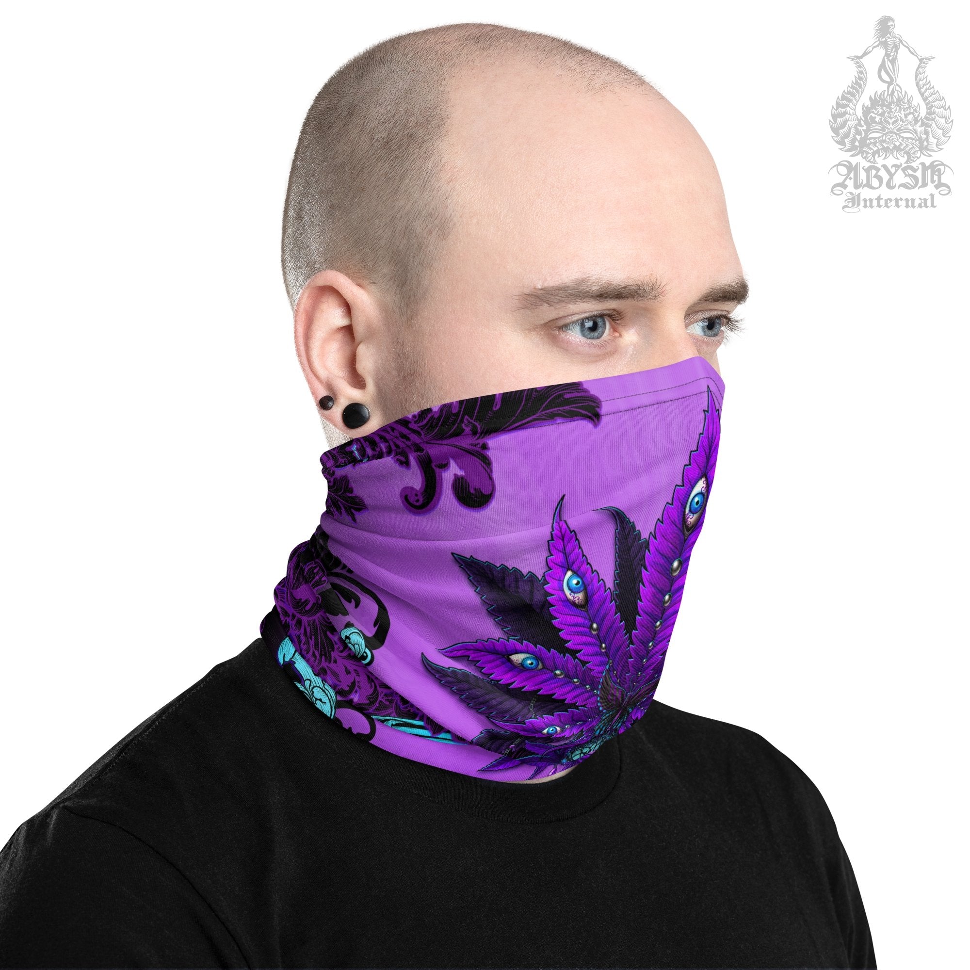 Weed Neck Gaiter, Cannabis Face Mask, Pastel Goth Marijuana Head Covering, Outdoors Festival Outfit, Heavy Metal Concert, 420 Gift - Purple Black - Abysm Internal