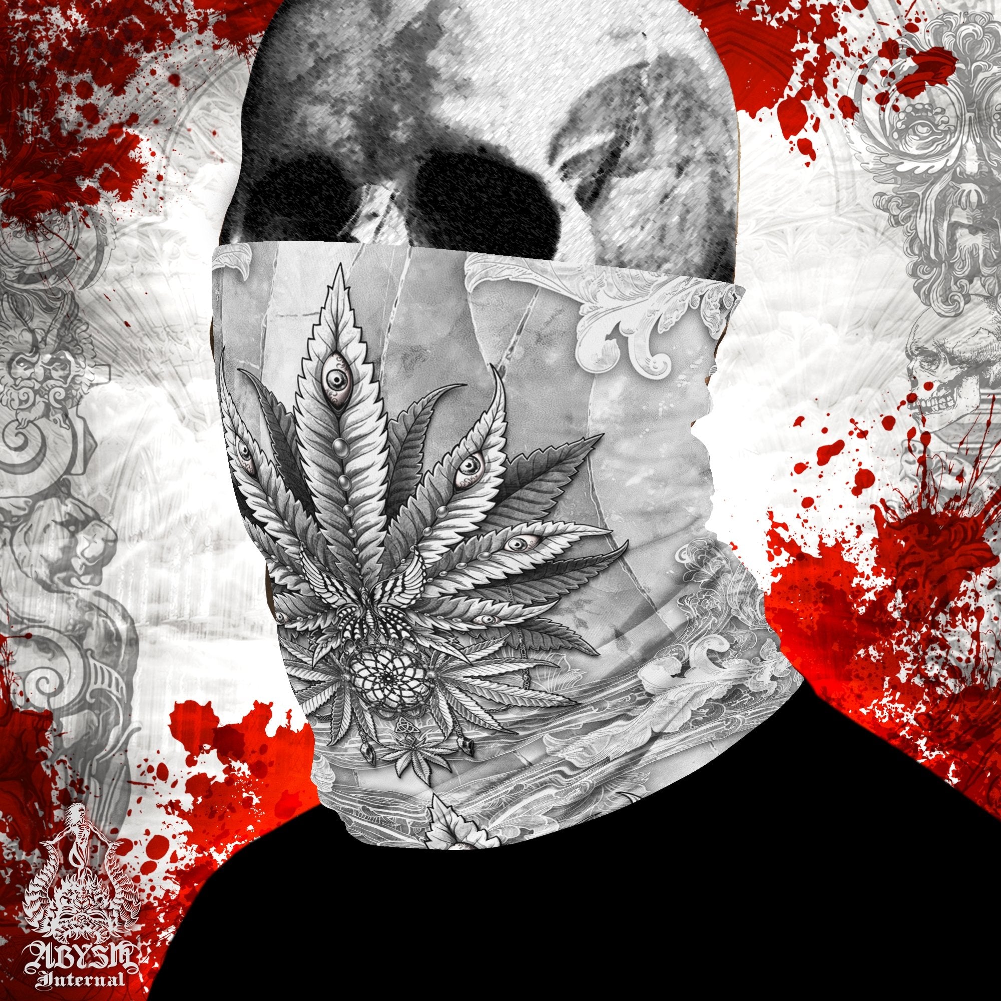 Weed Neck Gaiter, Cannabis Face Mask, White Goth Marijuana Head Covering, Outdoors Festival Outfit, Heavy Metal Concert, 420 Gift - Stone - Abysm Internal