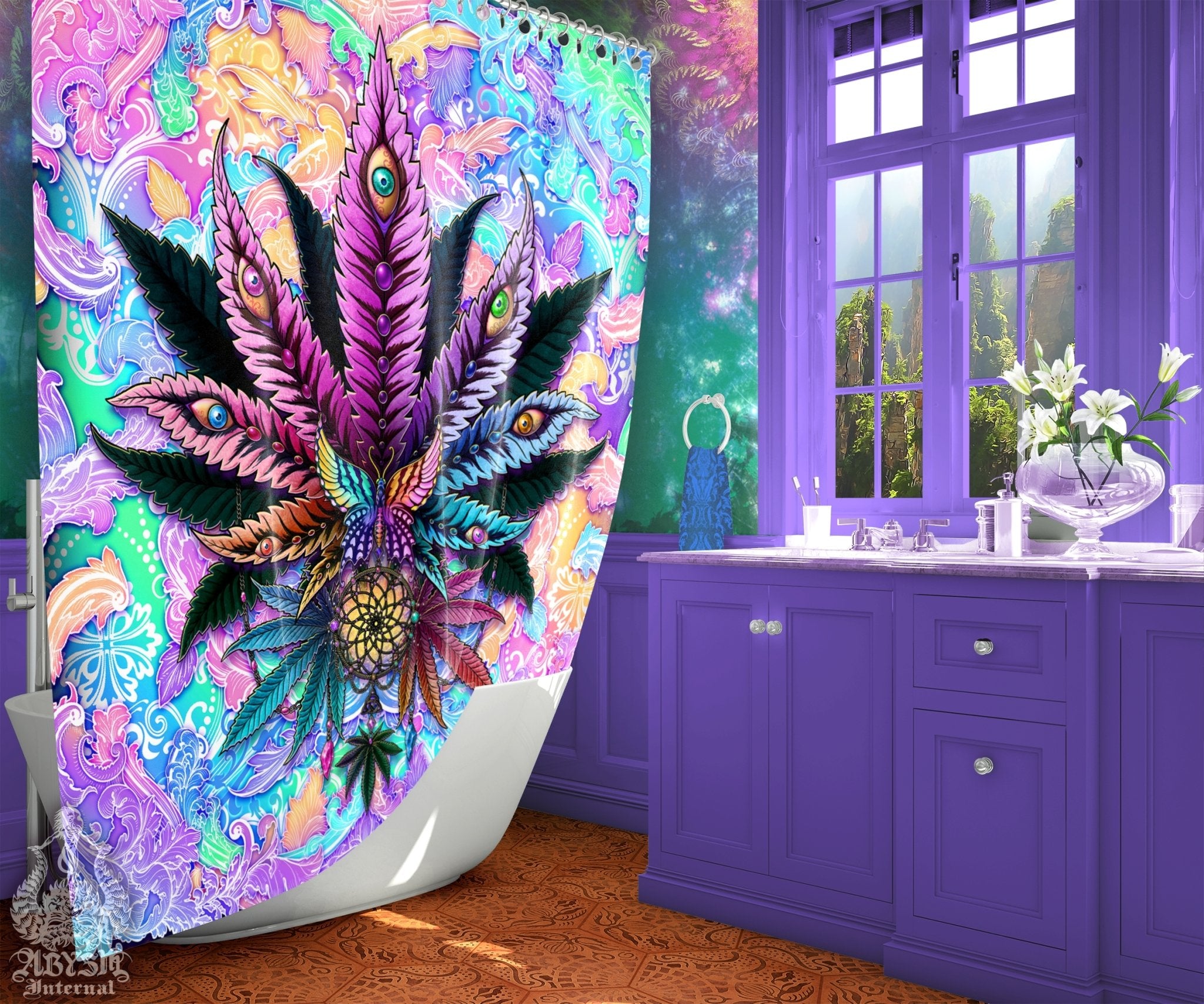 Weed Shower Curtain, Aesthetic Bathroom Decor, Indie Cannabis Print, Hippie 420 Home Art - Marijuana, Pastel Black - Abysm Internal