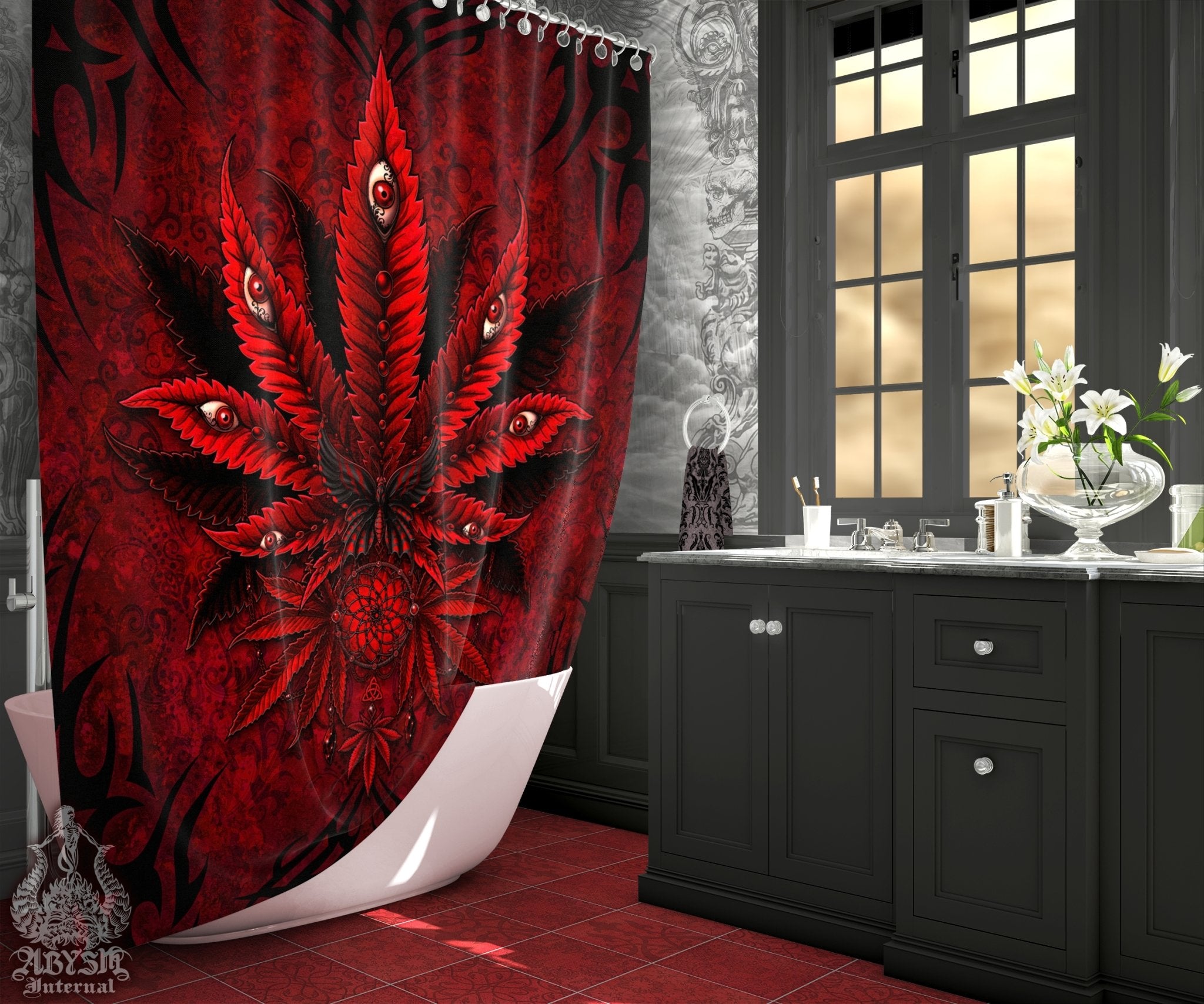 Weed Shower Curtain, Gothic Bathroom Decor, Cannabis Print, Alternative 420 Home Art - Marijuana, Bloody Goth - Abysm Internal
