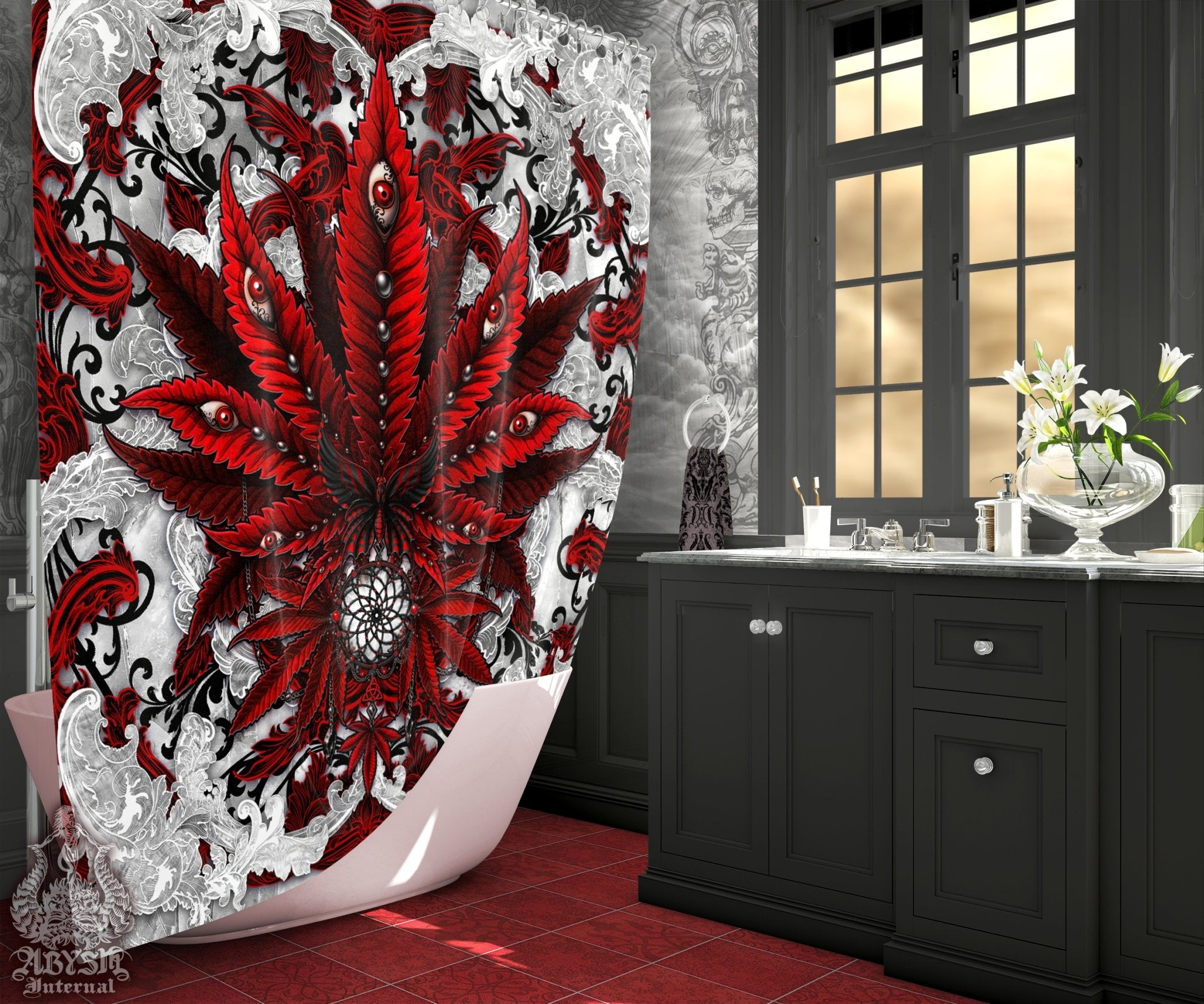 Weed Shower Curtain, Gothic Bathroom Decor, Cannabis Print, Alternative 420 Home Art - Marijuana, Bloody White Goth - Abysm Internal