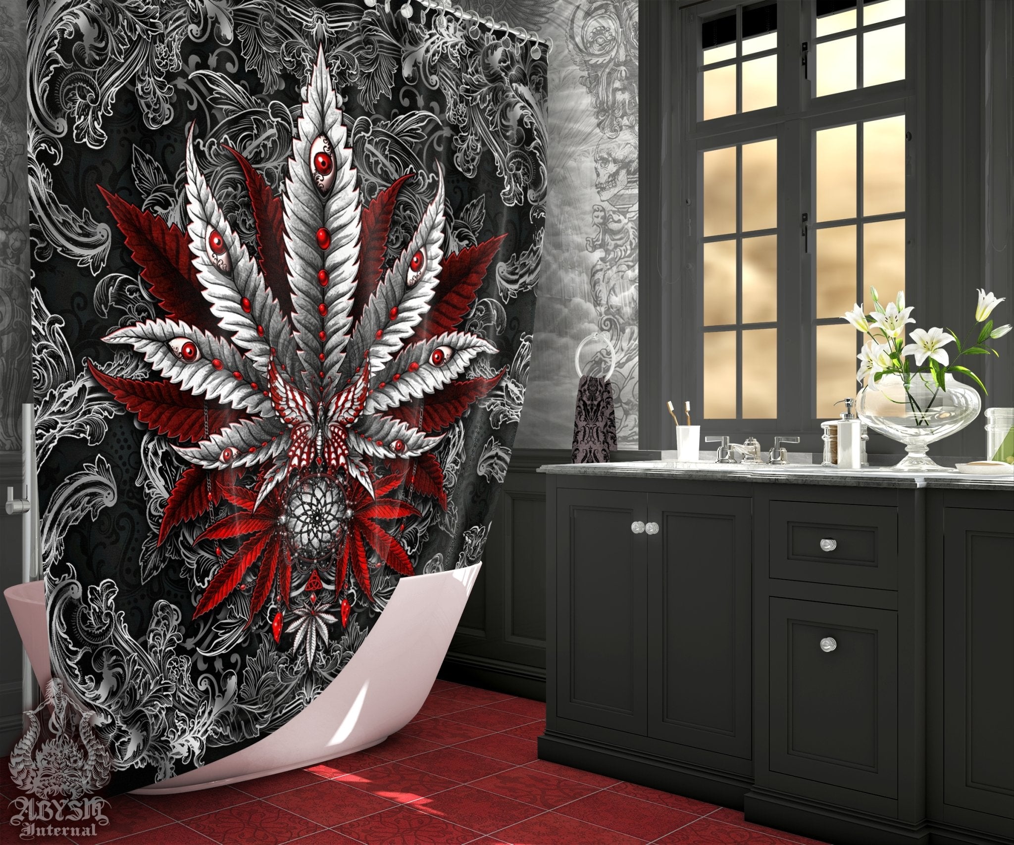 Weed Shower Curtain, Gothic Bathroom Decor, Cannabis Print, Alternative 420 Home Art - Marijuana, Dark - Abysm Internal