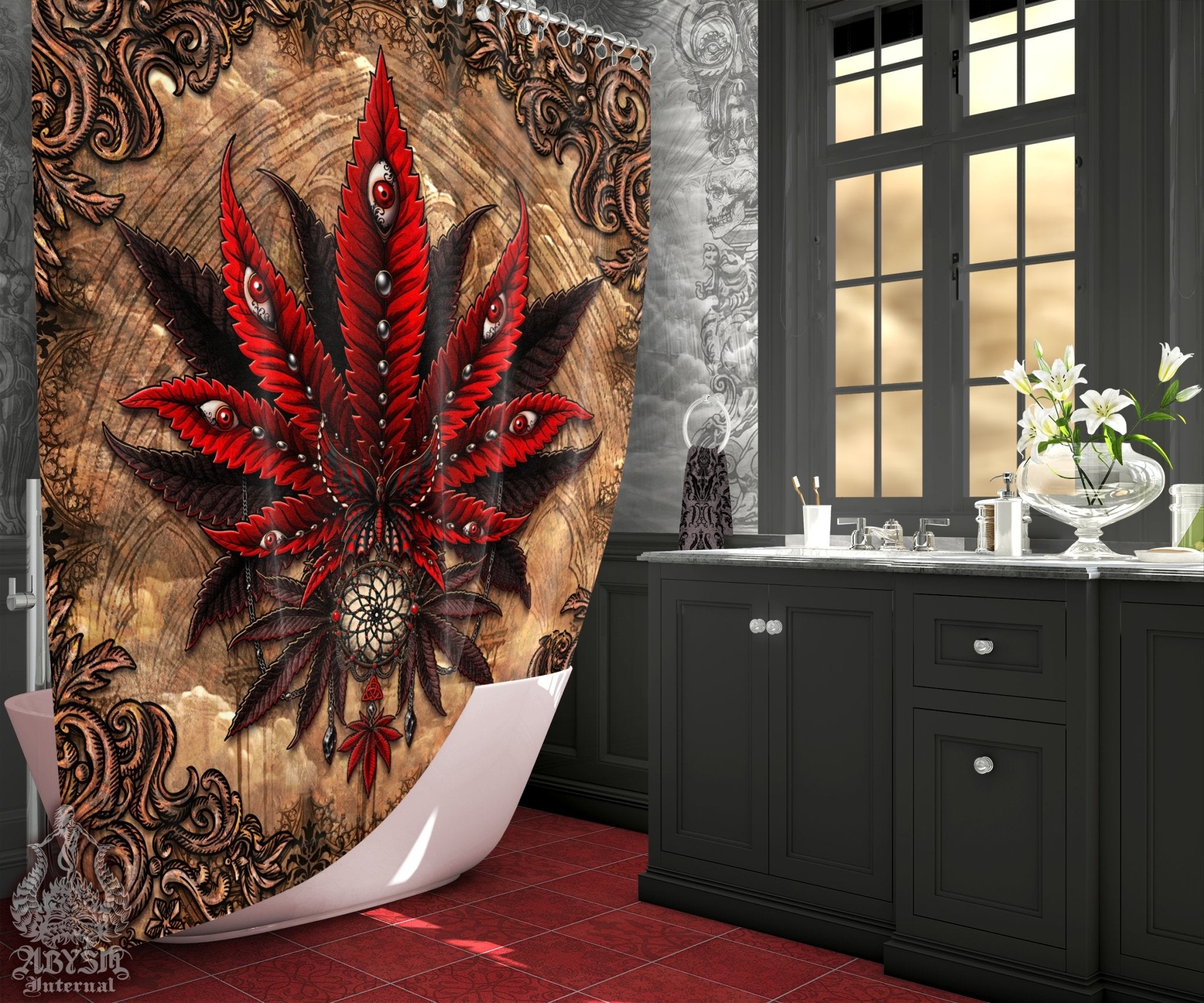 Weed Shower Curtain, Gothic Bathroom Decor, Cannabis Print, Alternative 420 Home Art - Marijuana, Horror Goth Beige - Abysm Internal