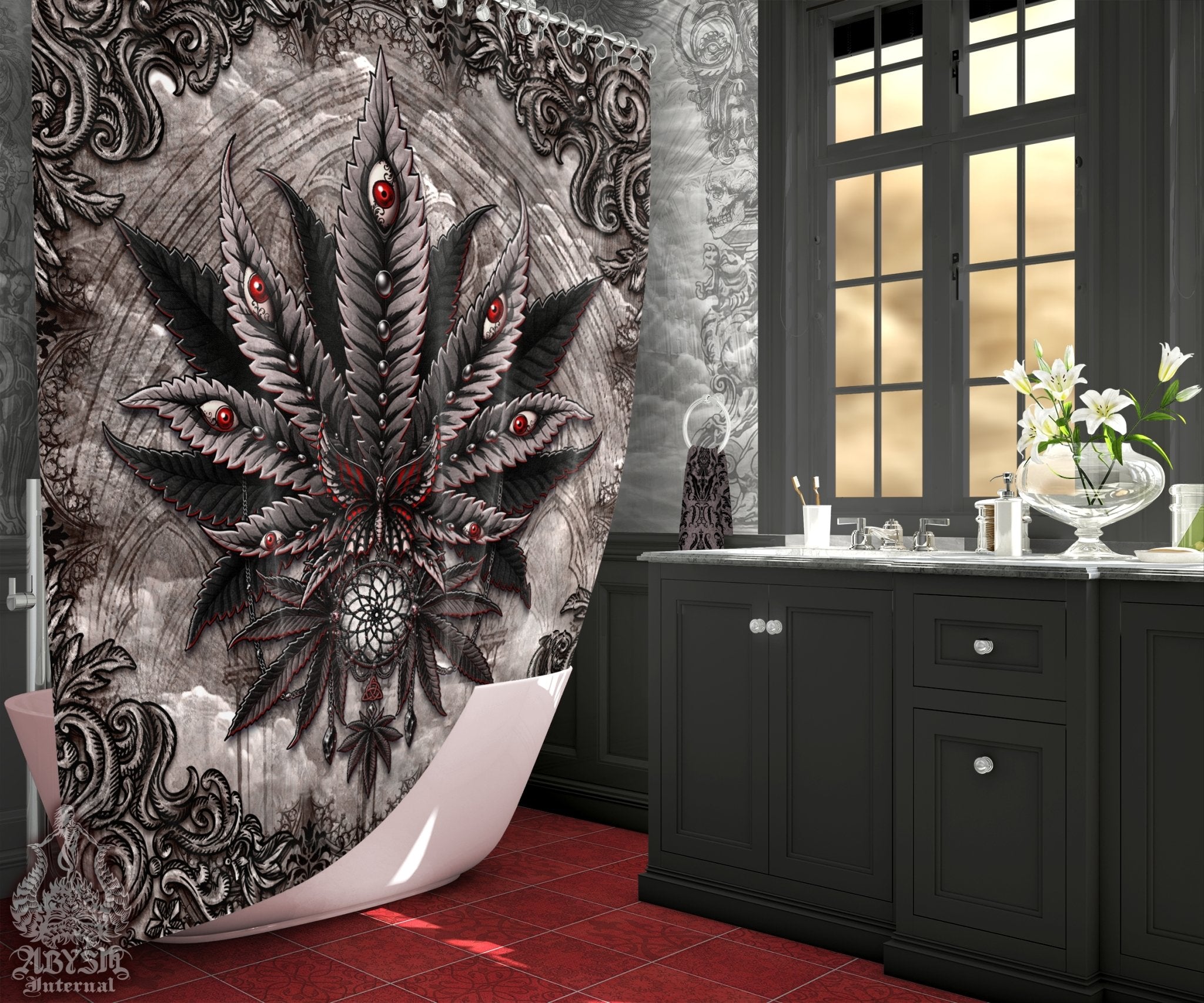 Weed Shower Curtain, Gothic Bathroom Decor, Cannabis Print, Alternative 420 Home Art - Marijuana, Horror Goth Grey - Abysm Internal