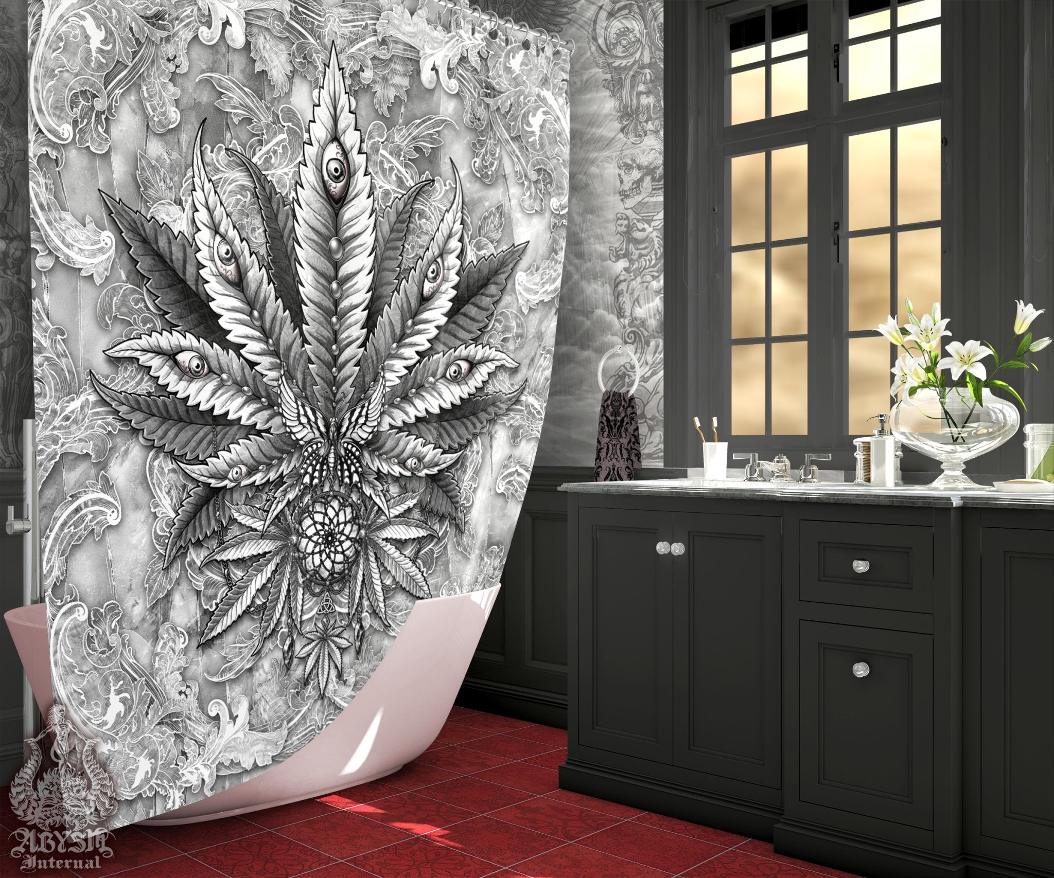 Weed Shower Curtain, Gothic Bathroom Decor, Indie Cannabis Print, Alternative 420 Home Art - Marijuana, Black and White Goth, Stone - Abysm Internal