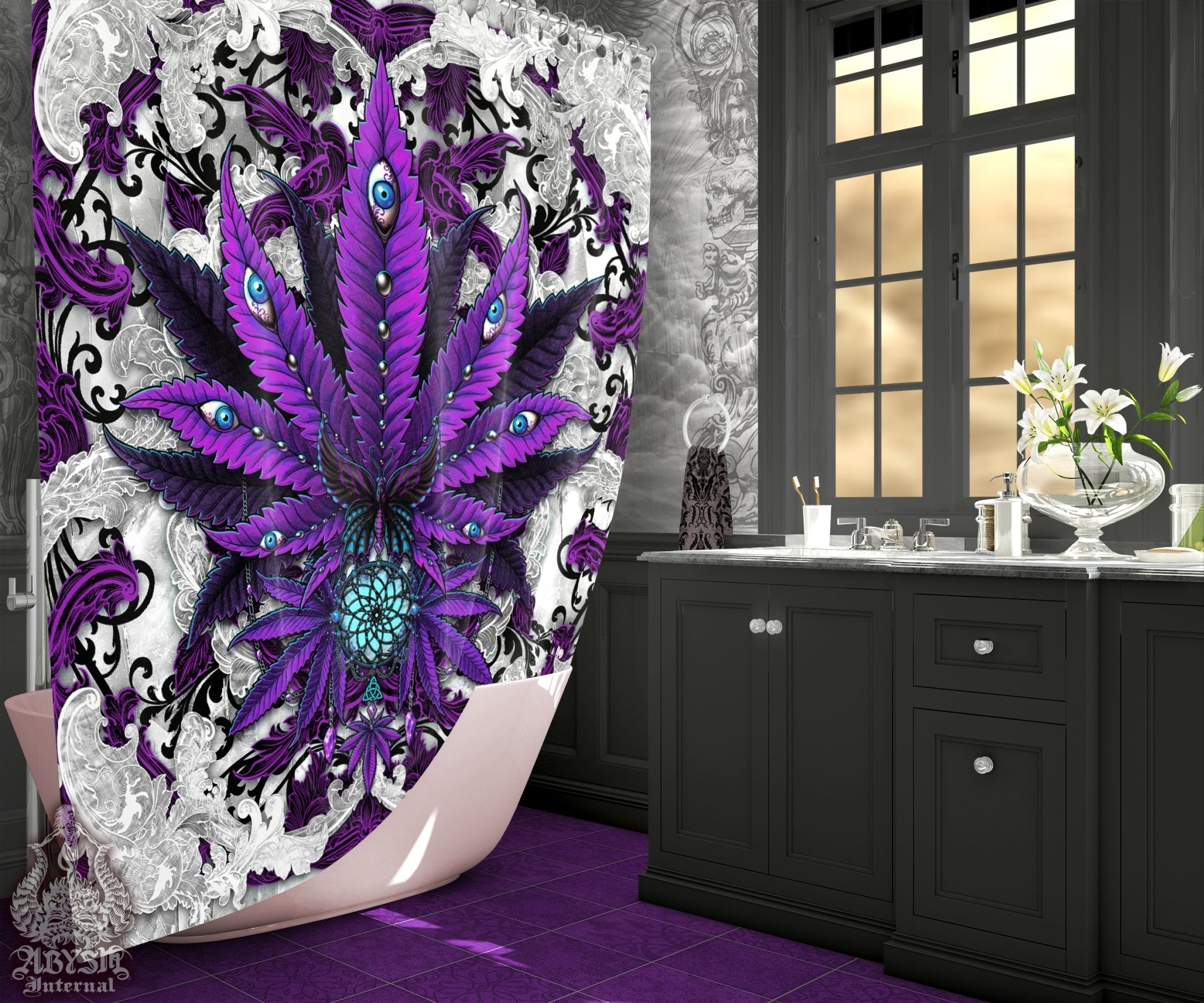 Weed Shower Curtain, Gothic Bathroom Decor, Indie Cannabis Print, Alternative 420 Home Art - Marijuana, Purple White Goth - Abysm Internal