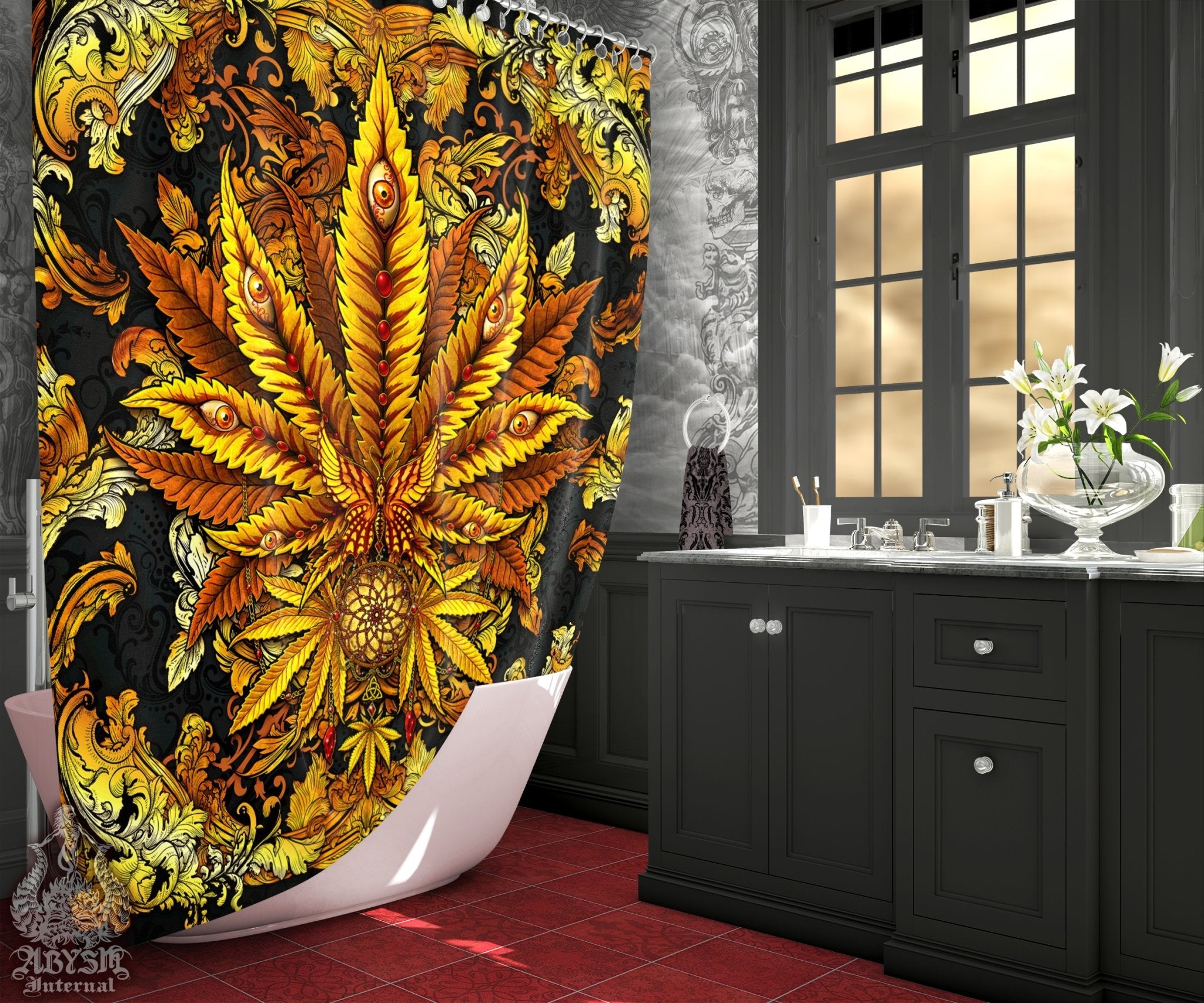 Weed Shower Curtain, Hippie Bathroom Decor, Indie Cannabis Print, 420 Home Art - Marijuana, Gold - Abysm Internal
