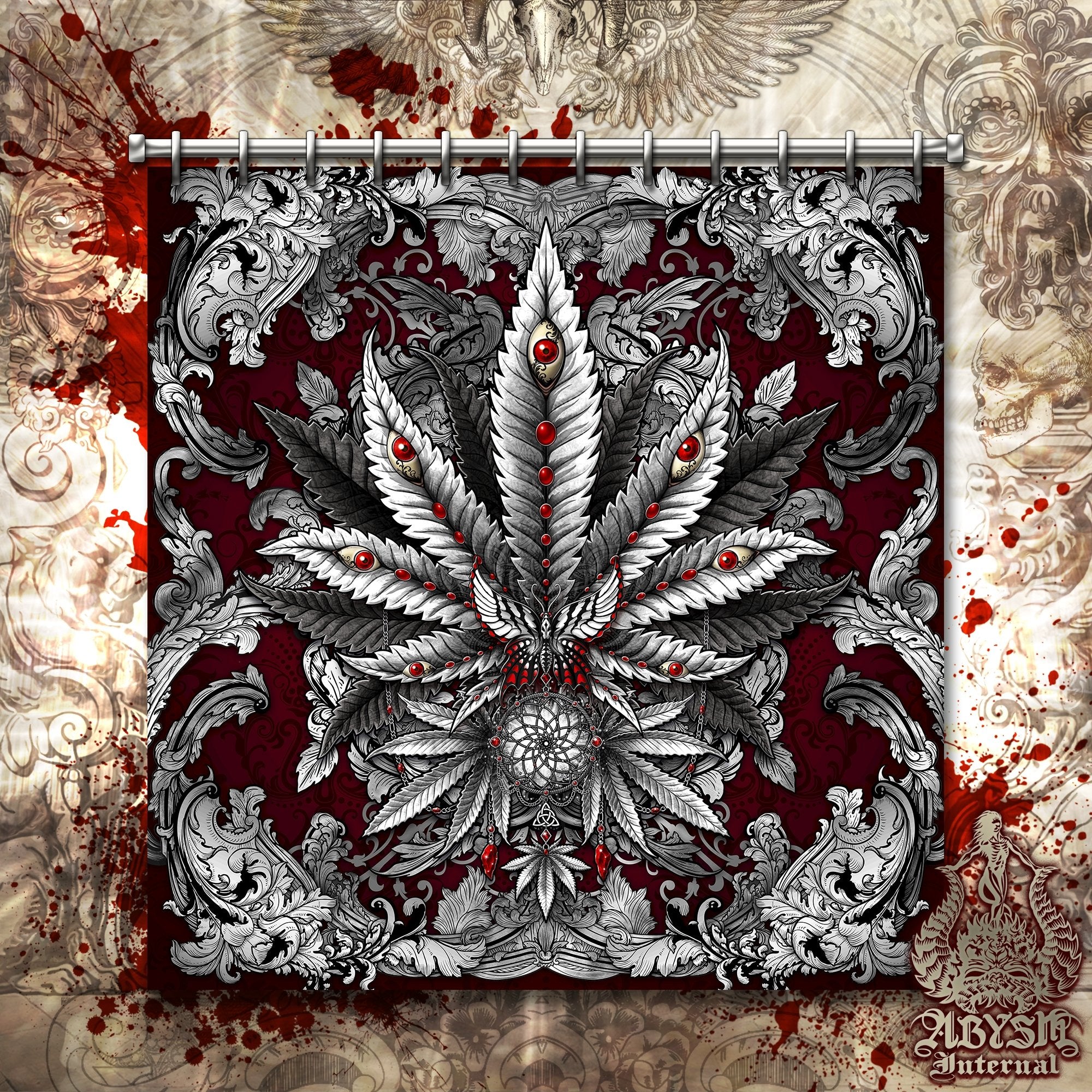 Weed Shower Curtain, Hippie Bathroom Decor, Indie Cannabis Print, 420 Home Art - Marijuana, Silver - Abysm Internal