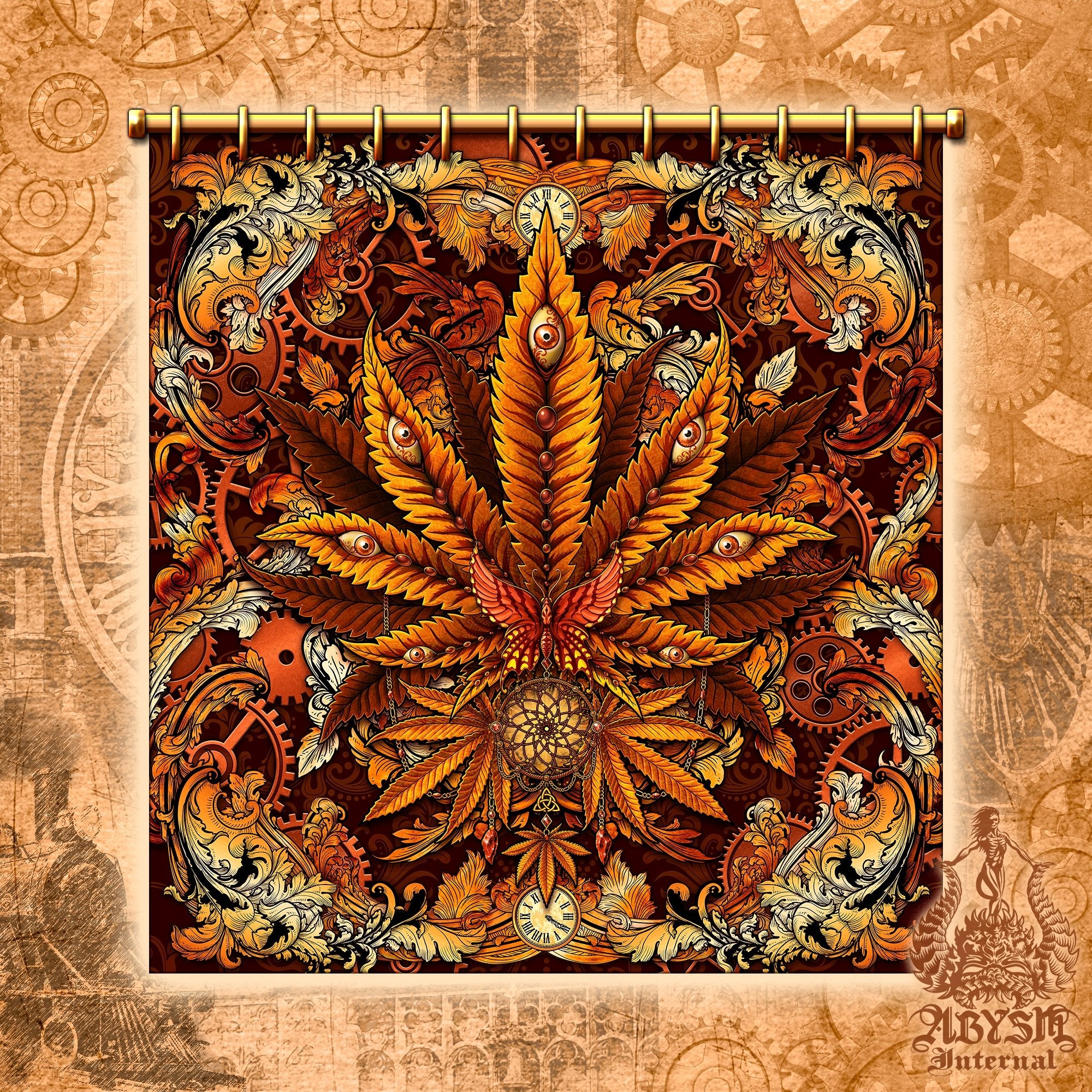Weed Shower Curtain, Hippie Bathroom Decor, Indie Cannabis Print, 420 Home Art - Marijuana, Steampunk - Abysm Internal